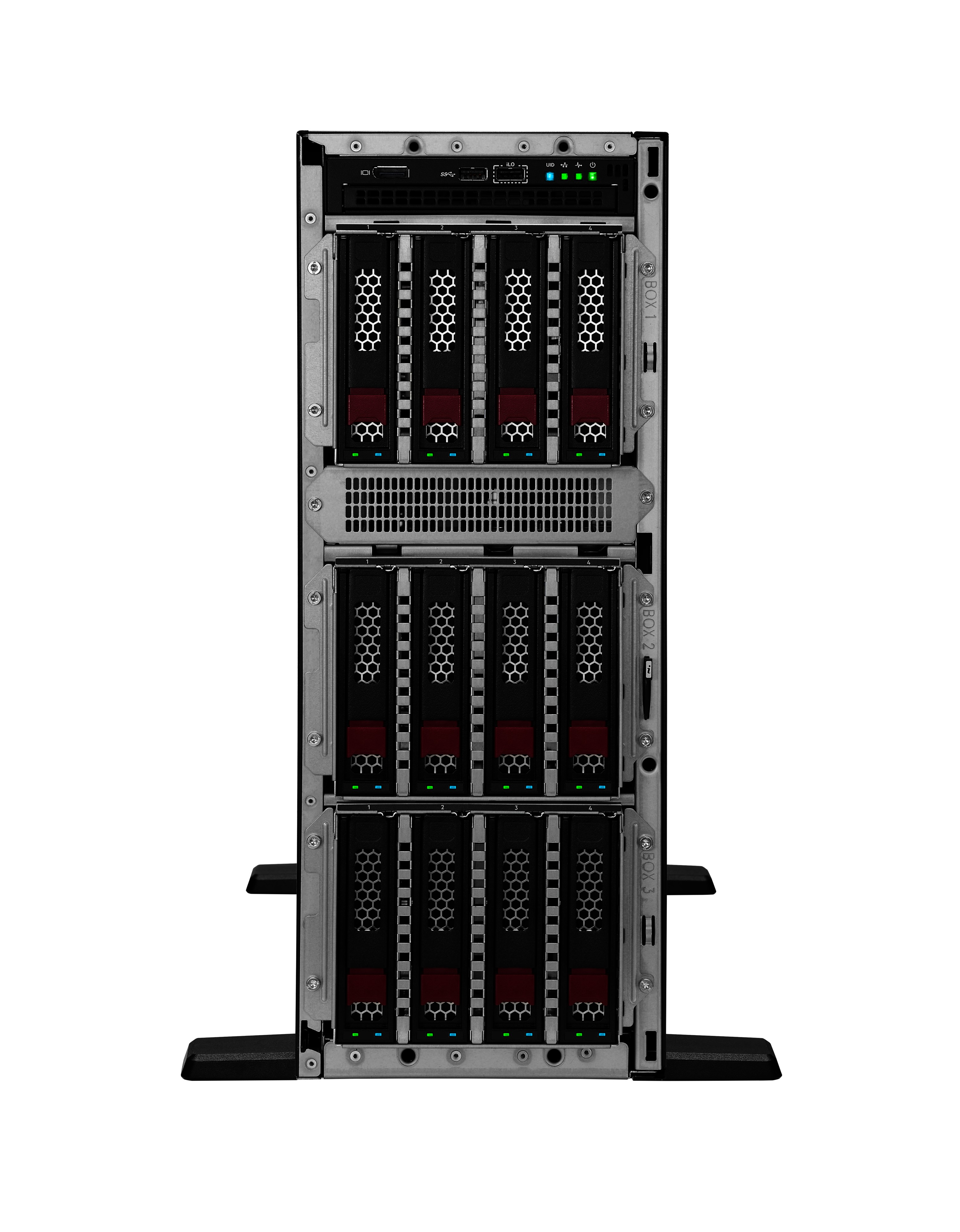 Una torre server nera con più alloggiamenti per unità e luci LED.