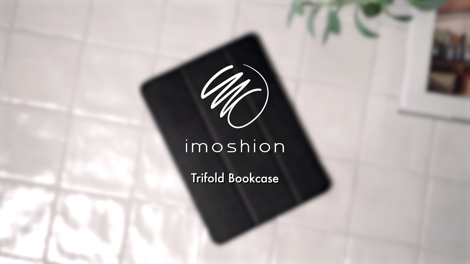 Black tablet case with logo and text 'Trifold Bookcase'.