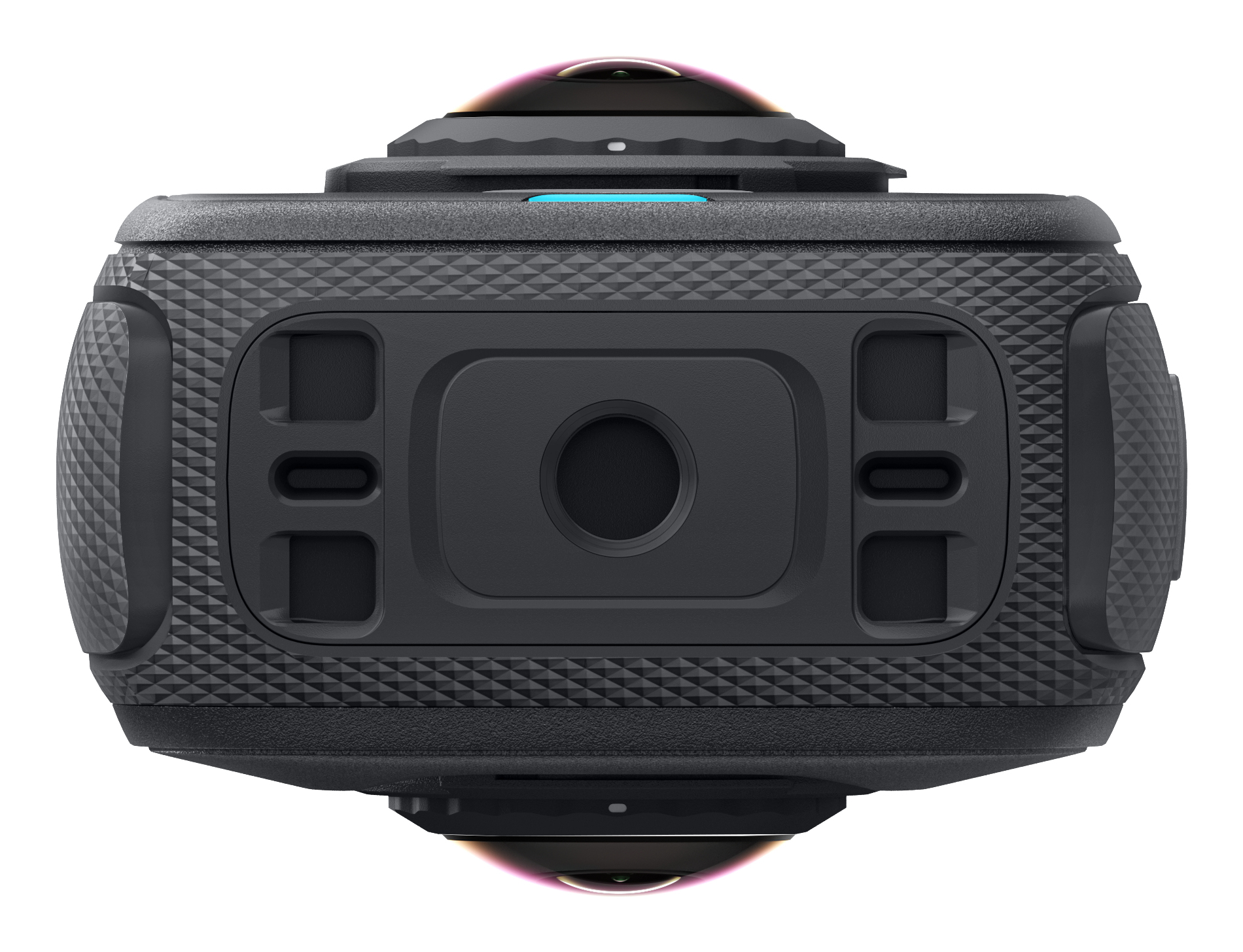 Eine schwarze 360-Grad-Kamera mit taktilen Ringen und einem blauen Licht auf der Oberseite.