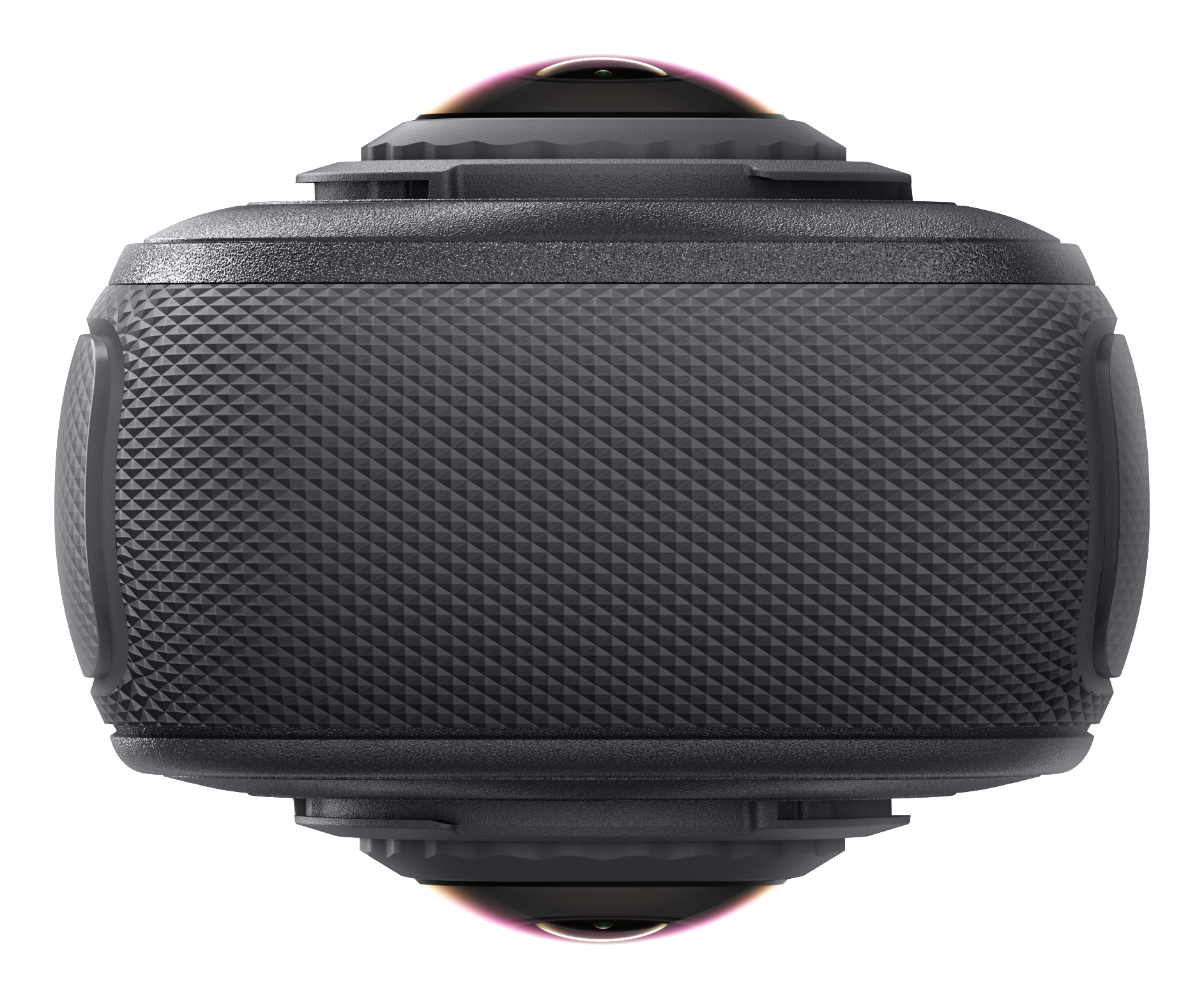 Schwarze 360-Grad-Kamera mit geriffelter Textur und zwei Objektiven an Ober- und Unterseite.