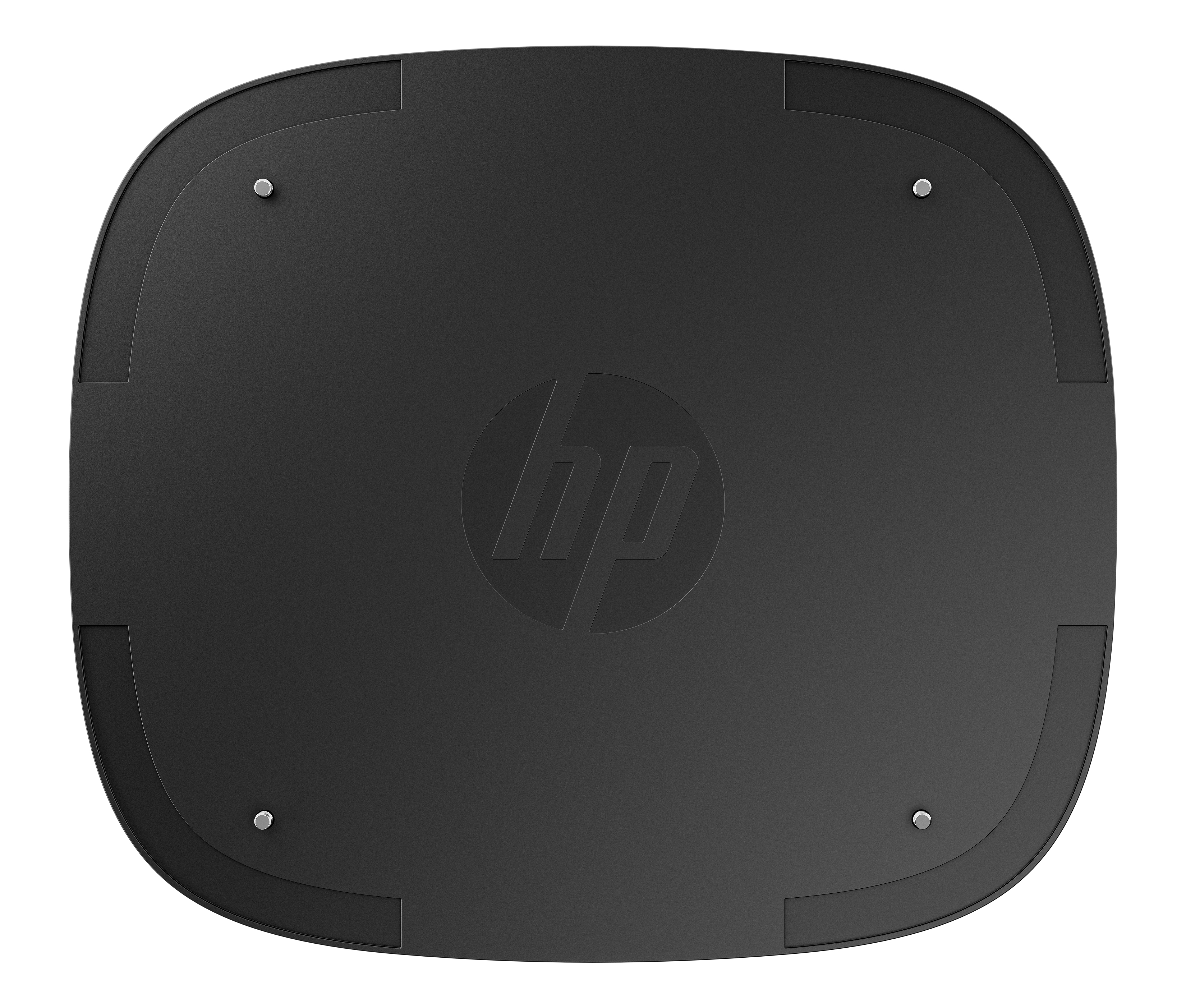 Dispositivo HP nero con logo discreto e quattro piedini argentati.