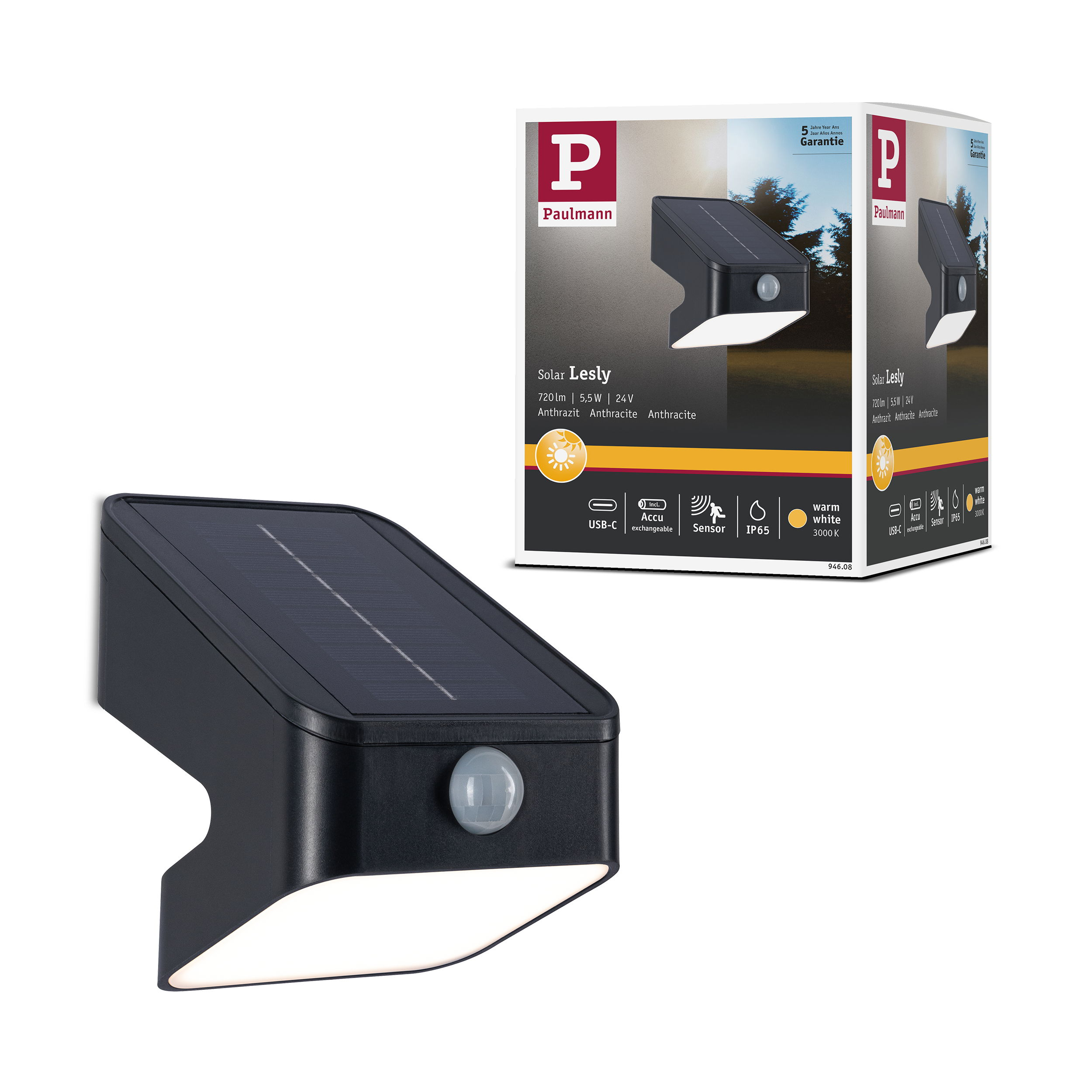 Czarna lampa solarna z czujnikiem ruchu i opakowaniem.