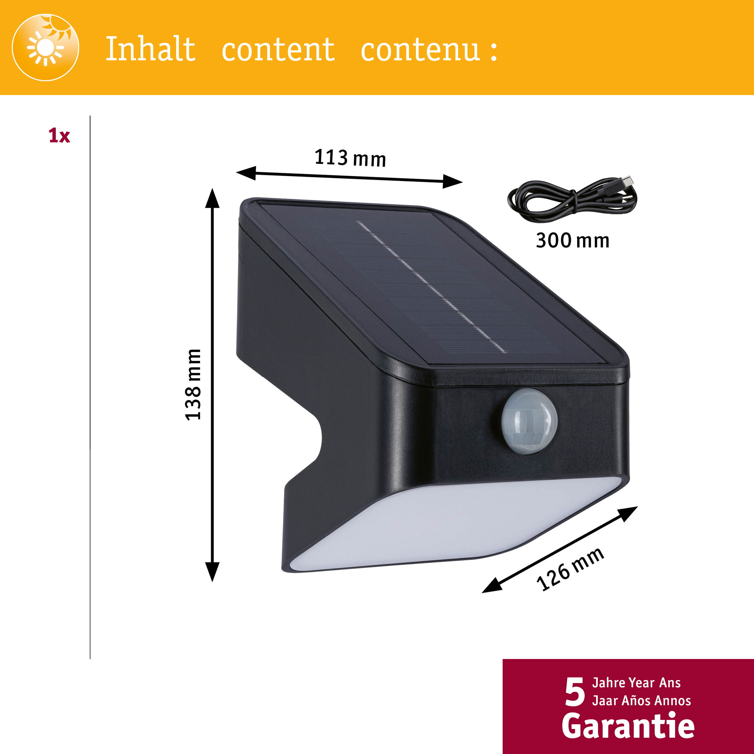 Czarny solarny czujnik ruchu z wymiarami i kablem ładującym.