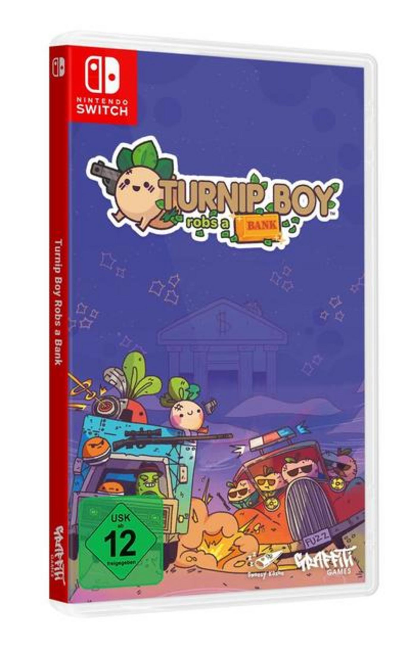 Copertina del gioco Turnip Boy Robs a Bank per Nintendo Switch con personaggi dei cartoni animati e una banca.