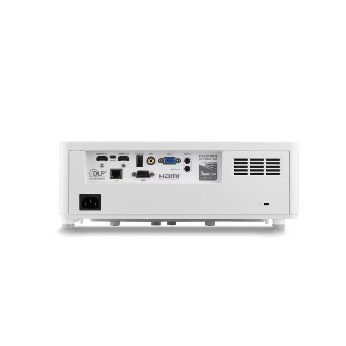 Rückseite eines weißen Projektors mit Anschlüssen wie HDMI, USB, LAN und Strom.