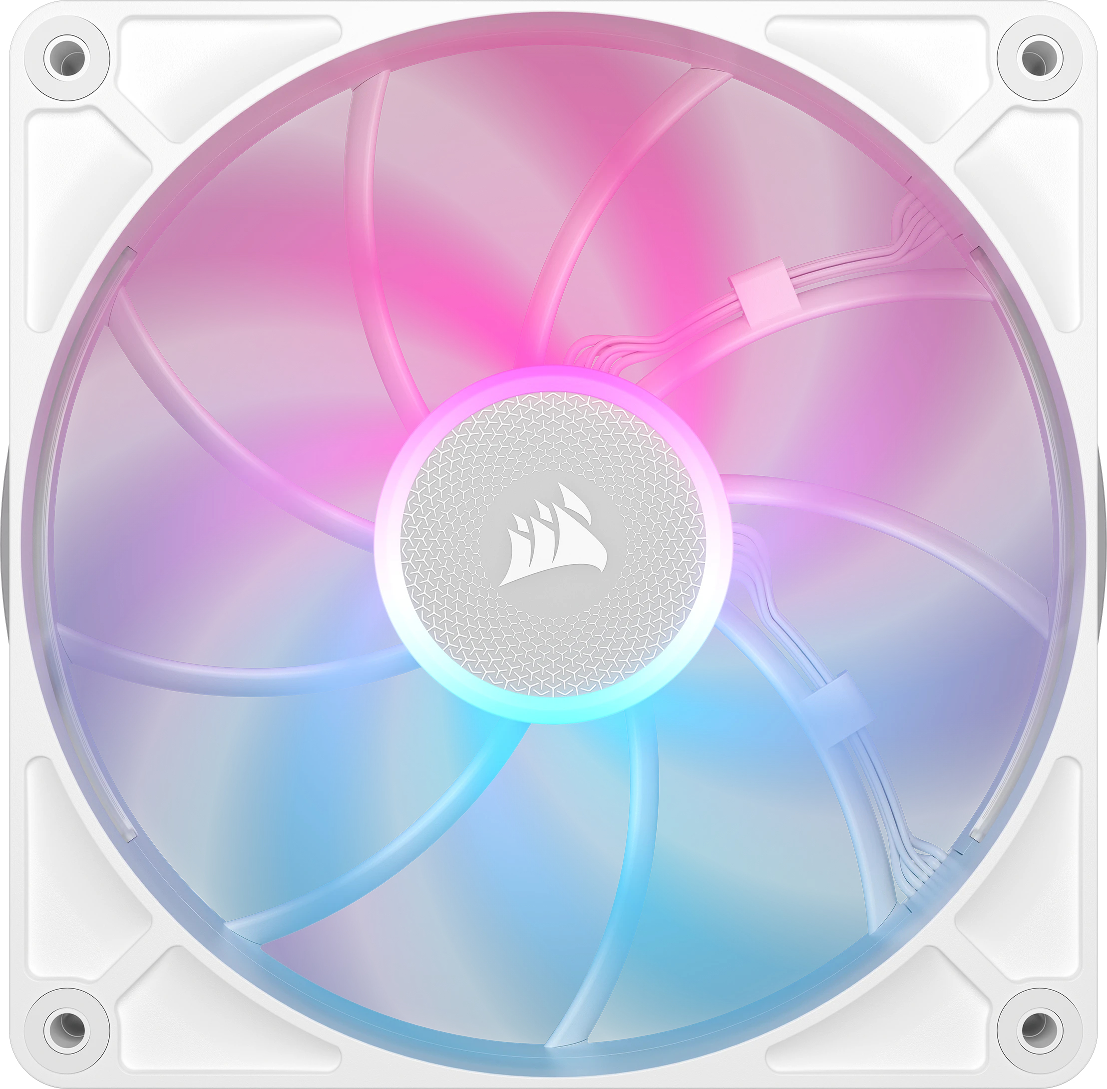 Een witte computer ventilator met roze en blauwe RGB-verlichting.