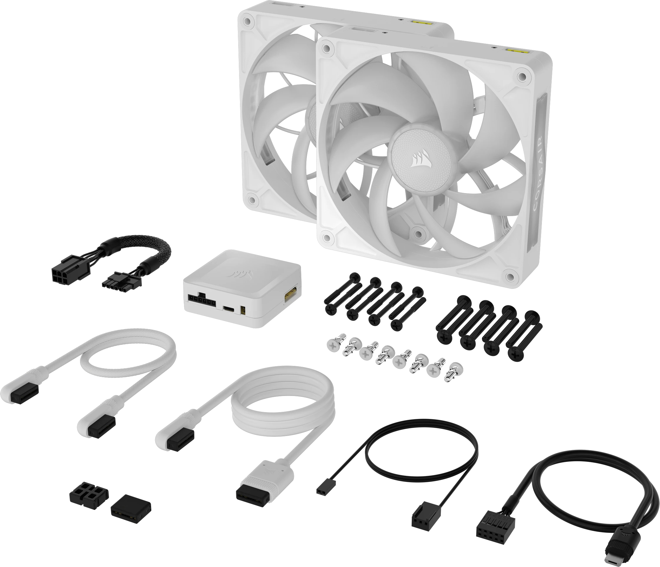 Twee witte computerfans, een witte controller, kabels en schroeven.