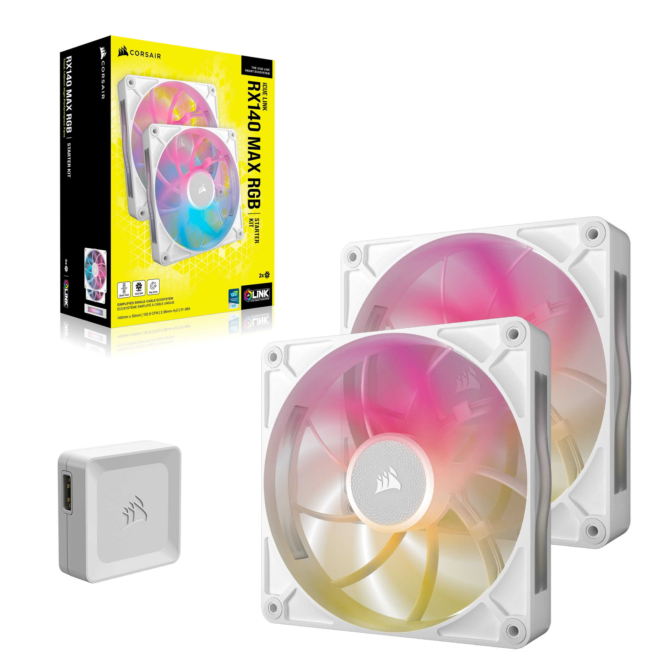 Twee witte RGB-ventilatoren en een witte controller met RGB-verlichting.