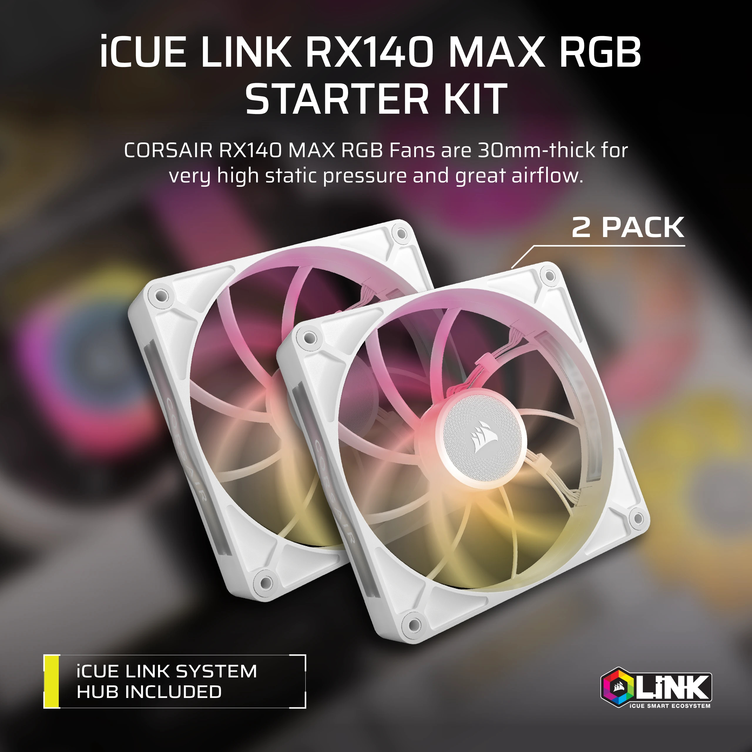 Twee witte Corsair RX140 MAX RGB ventilatoren met kleurrijke LED's, 30mm.