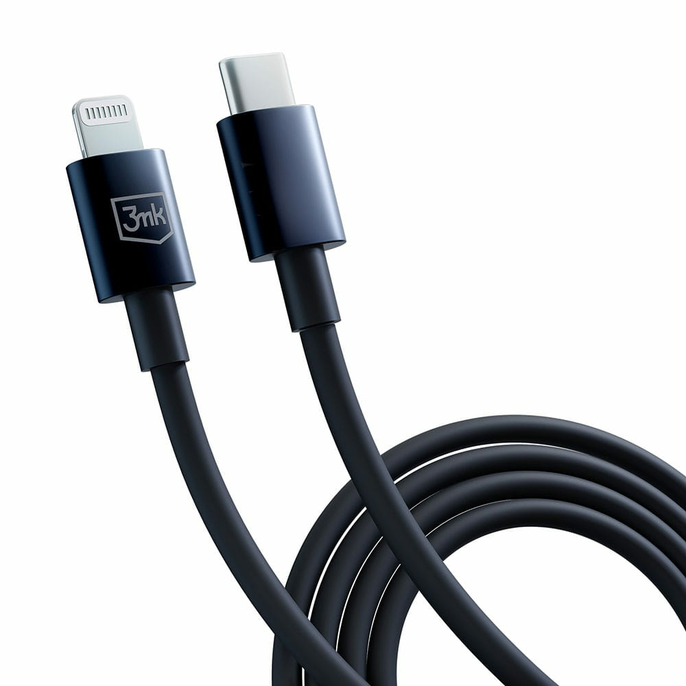 Un cavo di ricarica nero con connettori Lightning e USB-C.