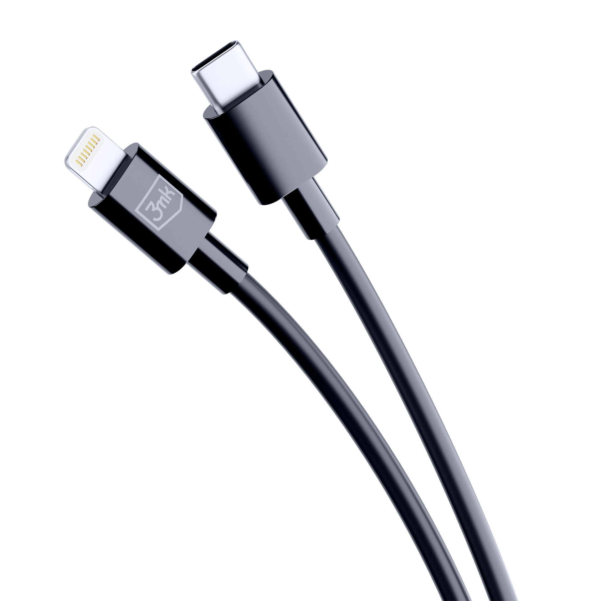 Un cavo nero con connettori Lightning e USB-C su sfondo bianco.