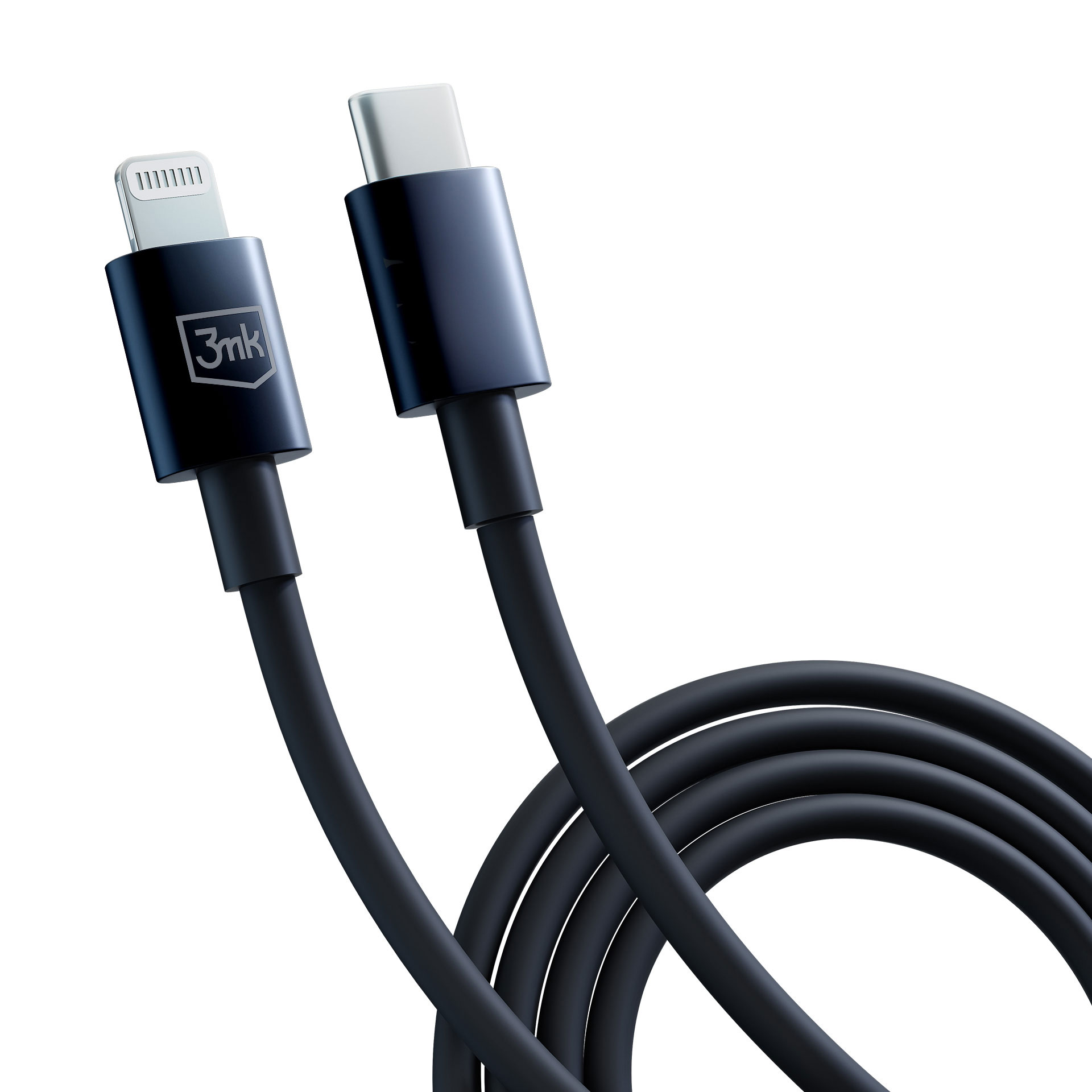 Cavo di ricarica nero con connettori Lightning e USB-C su sfondo bianco.