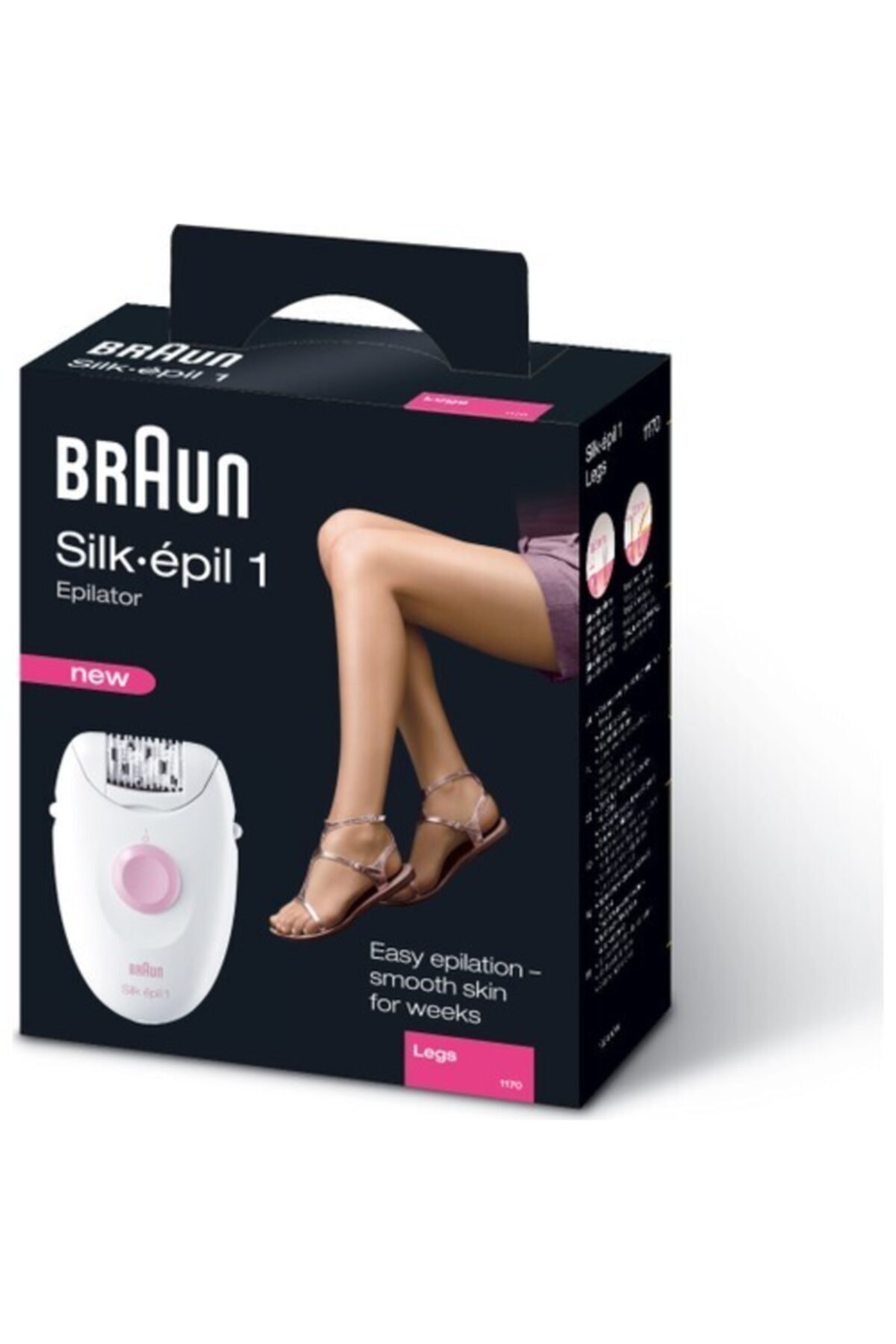 Braun Silk-épil 1 epilatör bacaklar ve ürün ambalajı ile.