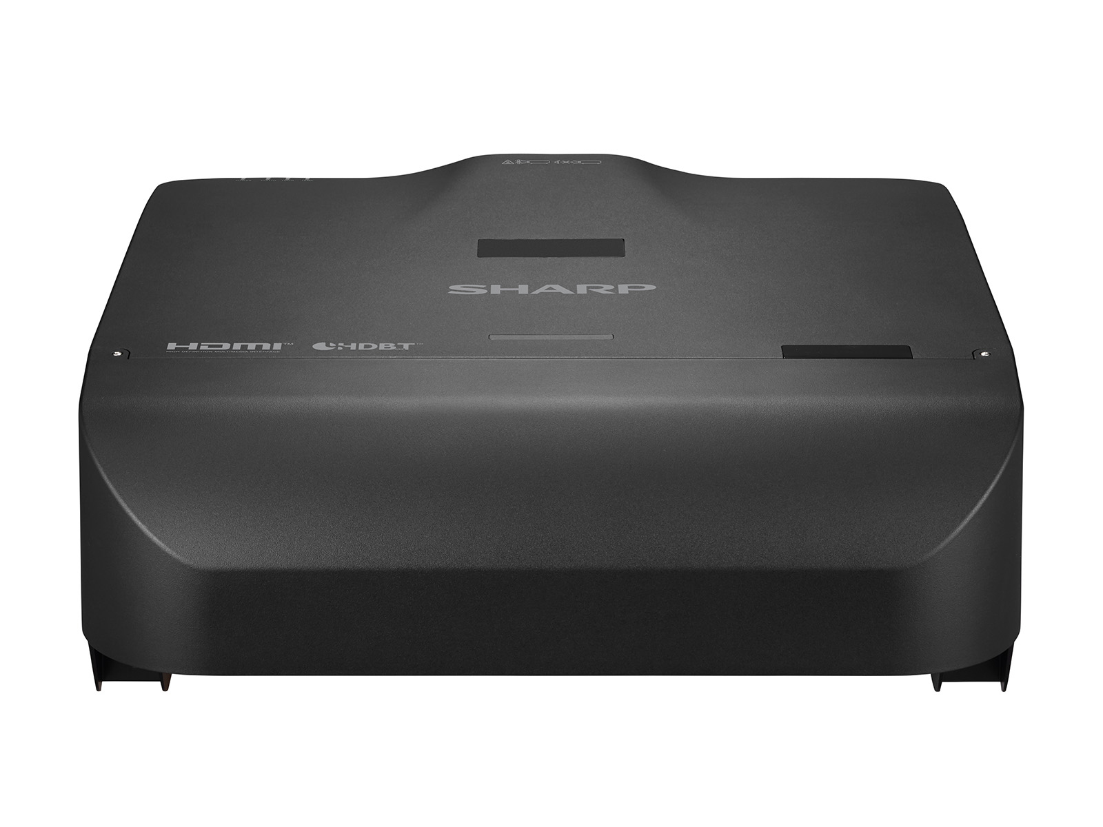 Un proiettore Sharp nero con porte HDMI e HDBT.