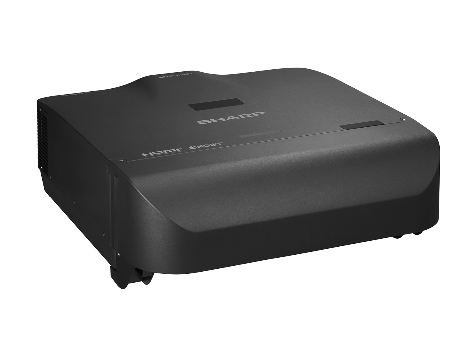 Proiettore Sharp nero con porte HDMI e HDBT, isolato su sfondo bianco.