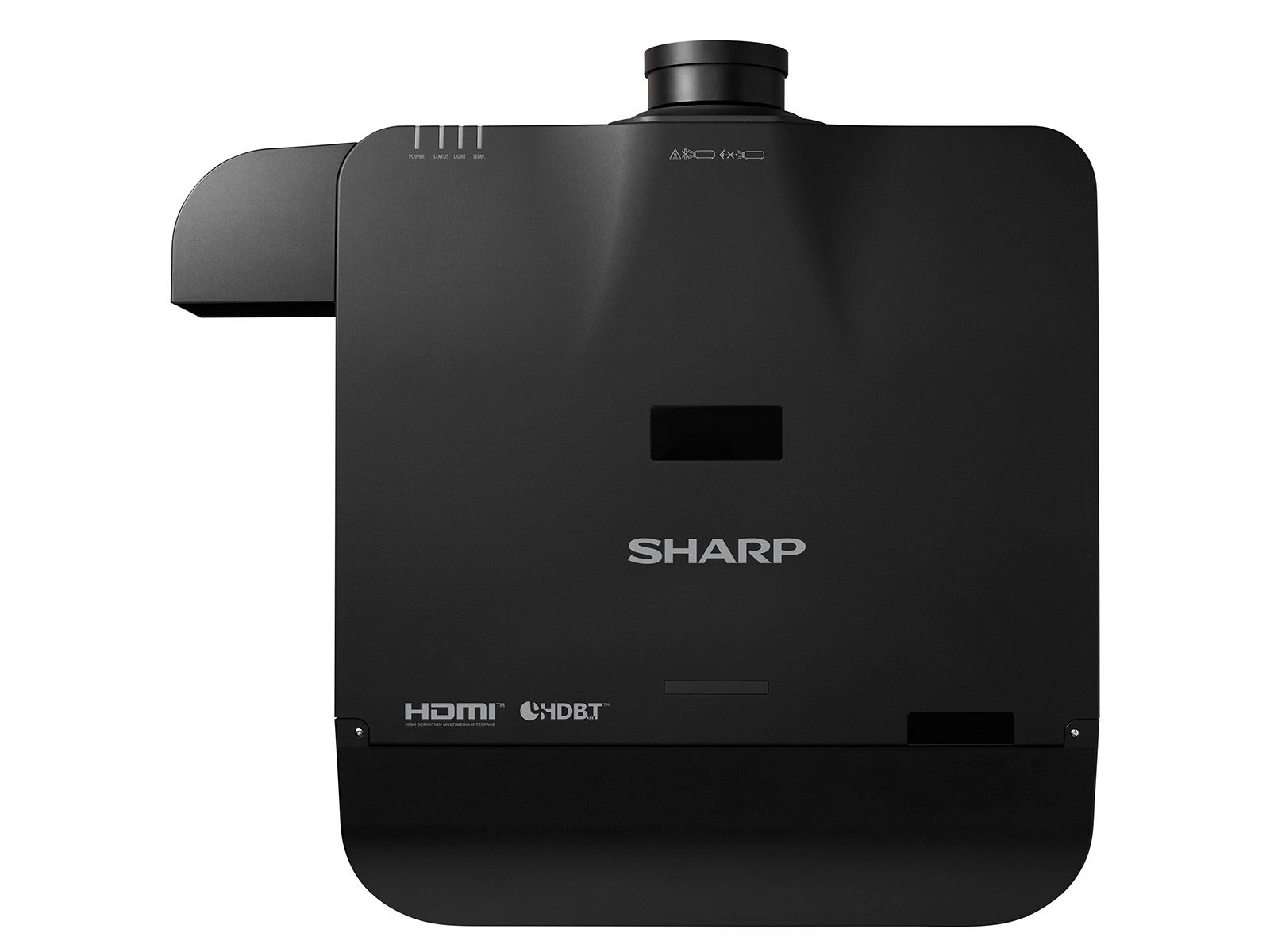Proiettore Sharp nero con porte HDMI e HDBT. Vista dall'alto.