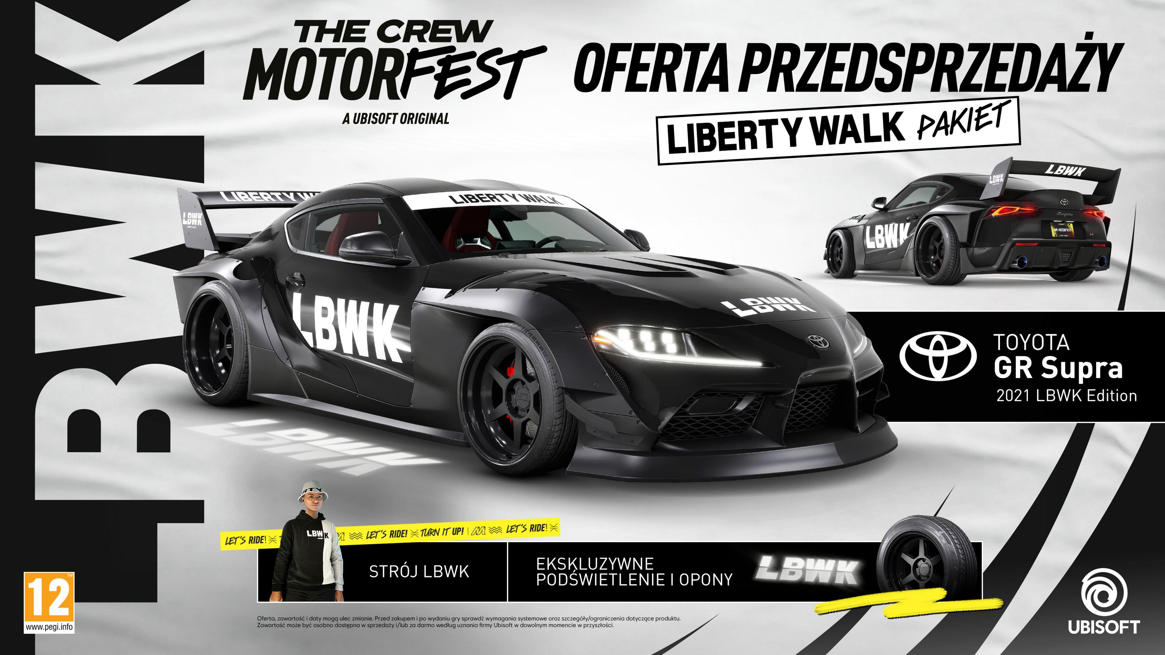 Czarna Toyota GR Supra 2021 LBWK Edition z brandingiem "Liberty Walk", gra "The Crew Motorfest".