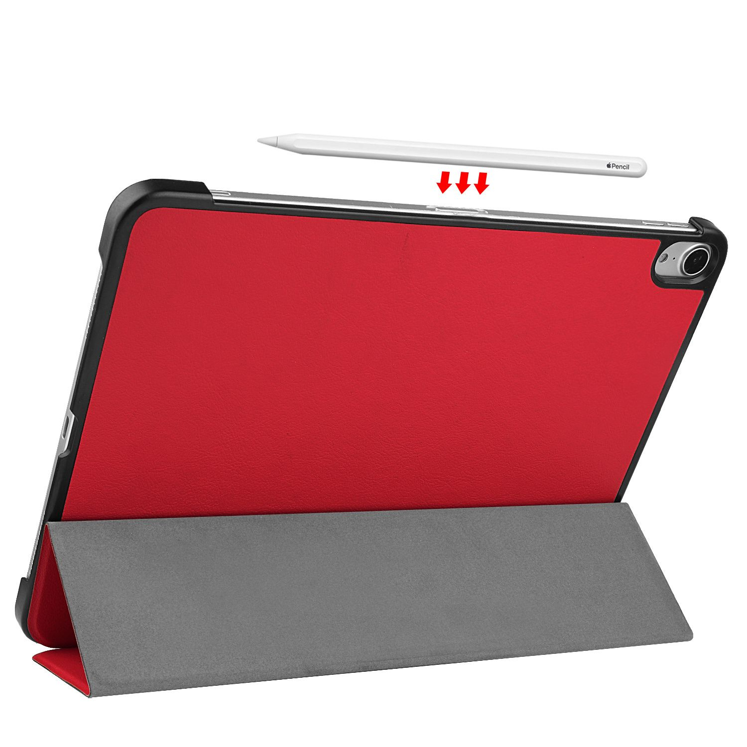 Tablet rosso con supporto e stilo bianco. Finitura in pelle rossa.