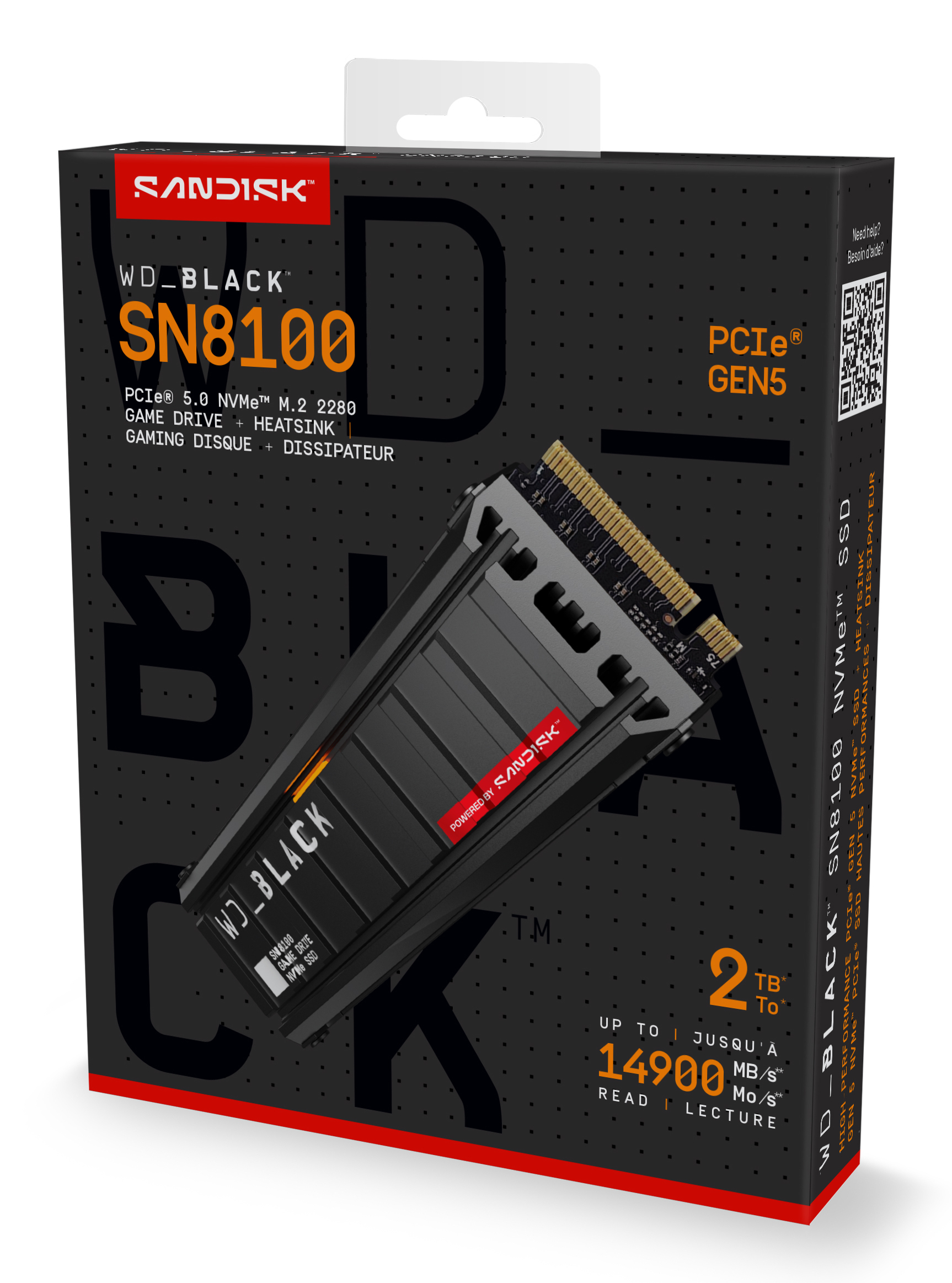 Opakowanie dysku SSD NVMe WD_BLACK SN8100 z radiatorem. Czarny z pomarańczowymi akcentami.