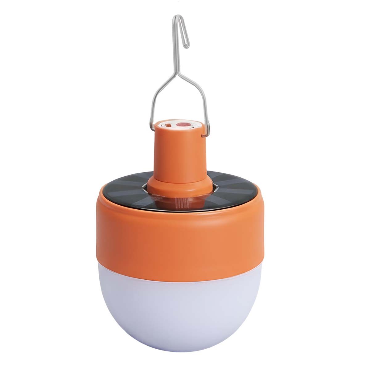 Linterna de camping naranja con gancho y panel solar.