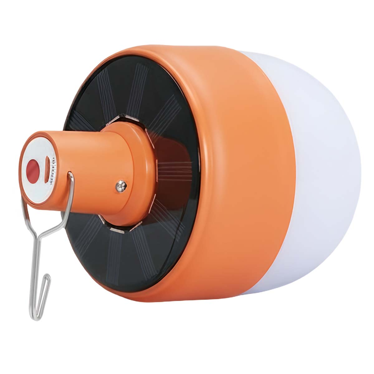 Lámpara naranja con gancho y panel solar.