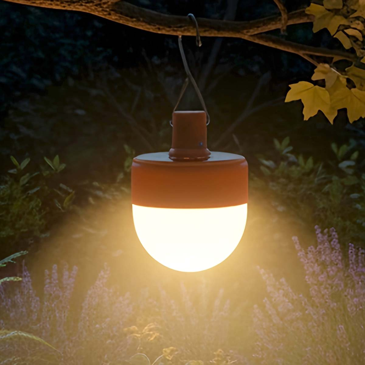 Una linterna naranja cuelga de una rama por la noche sobre lavanda.