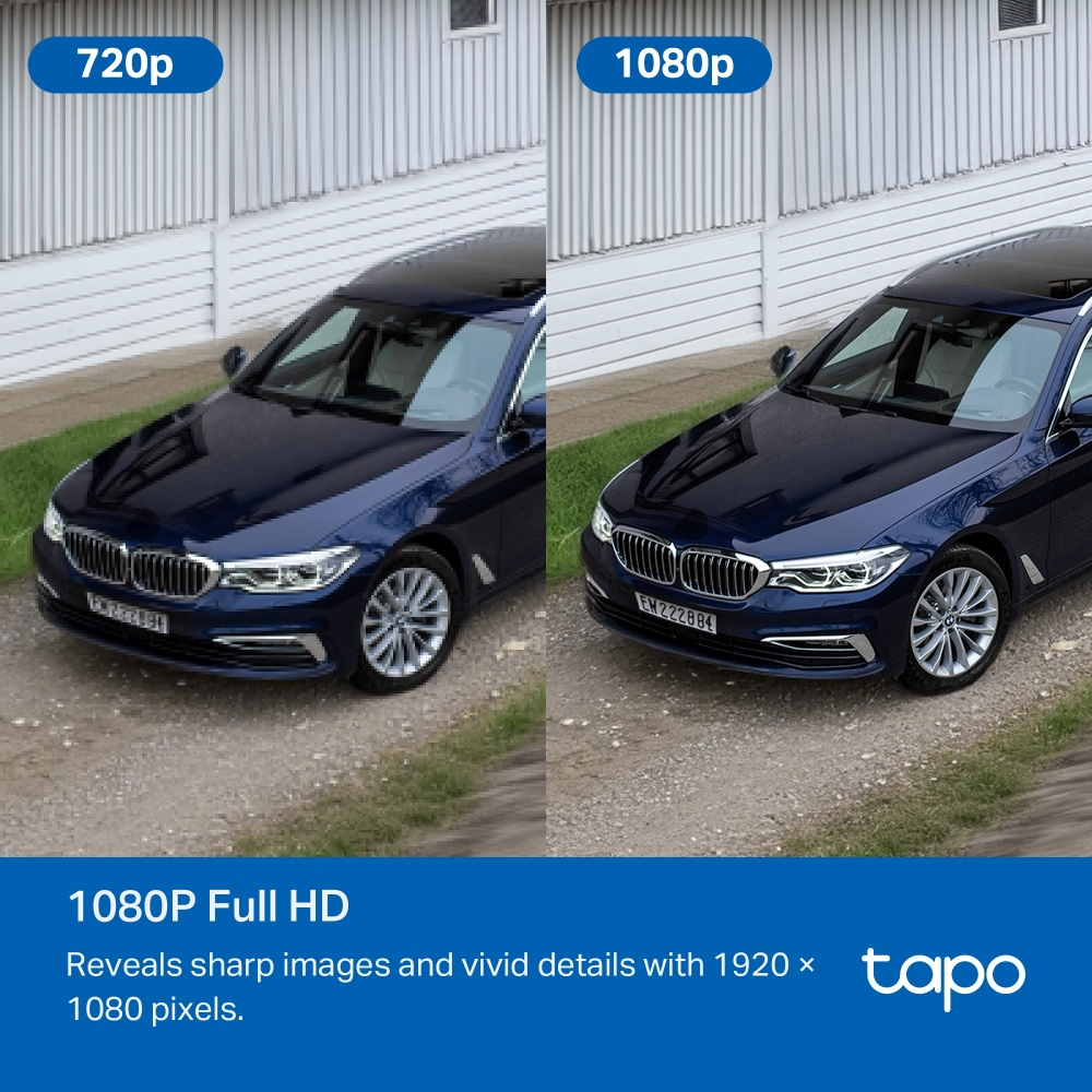 Porównanie rozdzielczości 720p i 1080p z niebieskim samochodem.