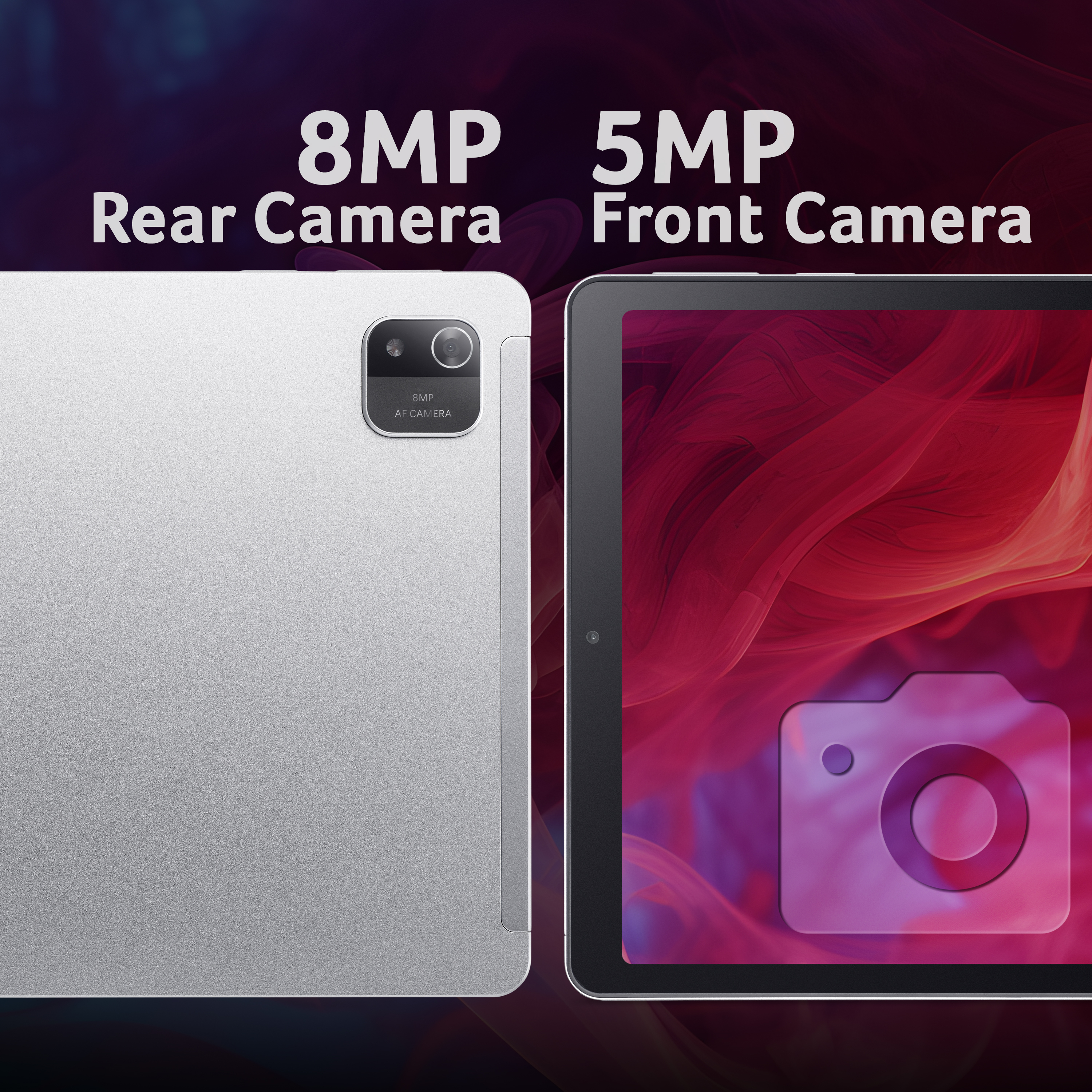Srebrny tablet z tylnym aparatem 8MP, obok ekranu z przednim aparatem 5MP.