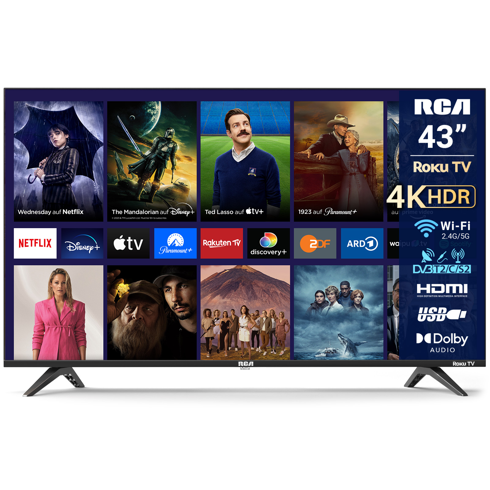 43-Zoll-Roku-TV mit verschiedenen Streaming-Apps und Anschlusssymbolen.
