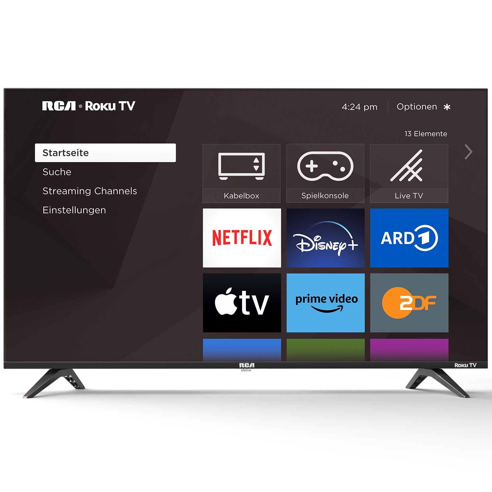 Ein RCA Roku TV-Bildschirm zeigt Menüoptionen und App-Kacheln wie Netflix und Disney+.