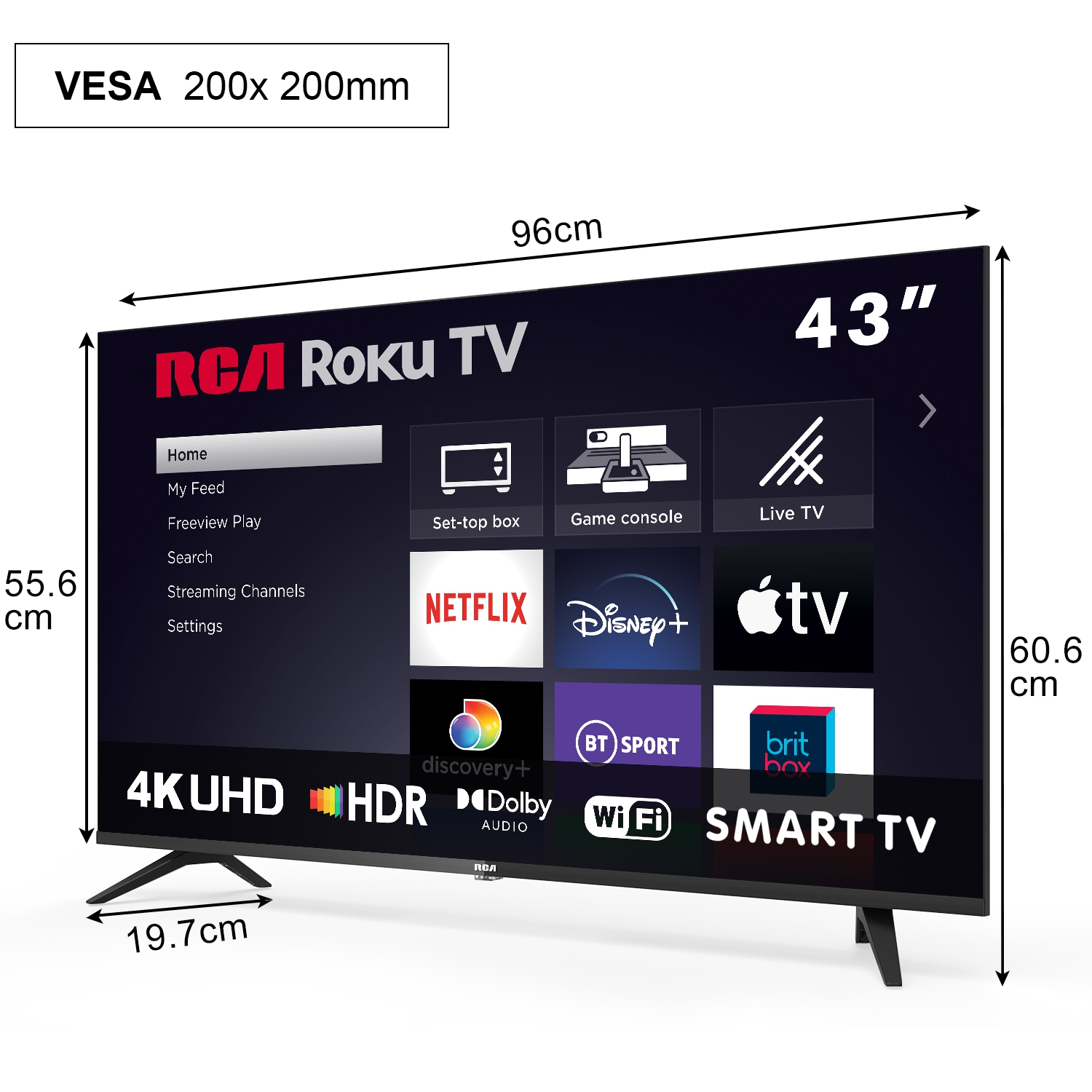 43-Zoll-RCA-Roku-Smart-TV mit VESA-Halterung und verschiedenen Apps.