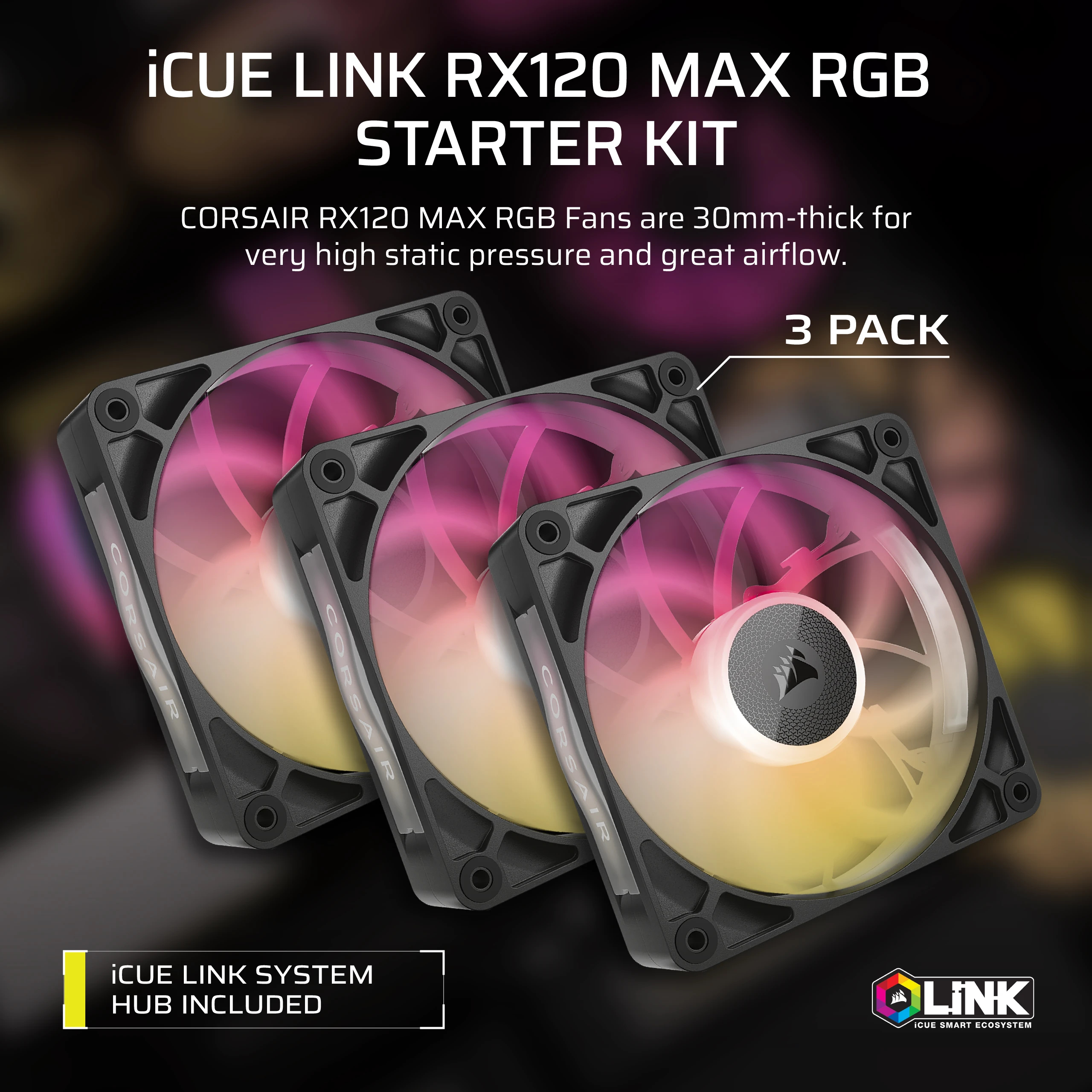 Trzy wentylatory Corsair iCUE LINK RX120 MAX RGB z różowymi i żółtymi światłami, 3-pak.