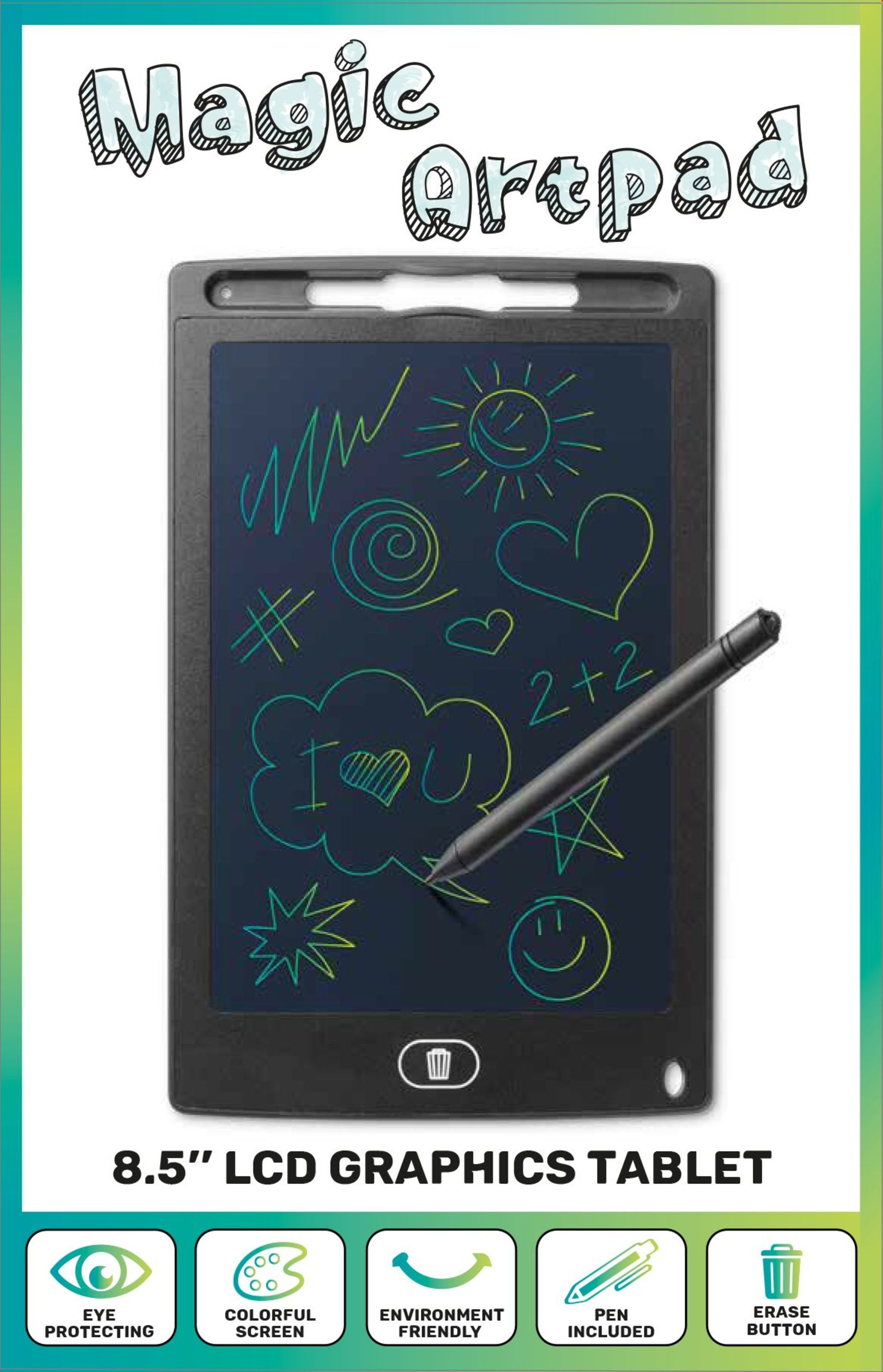 Una tavoletta grafica LCD nera con disegni a pastello colorati e una penna.