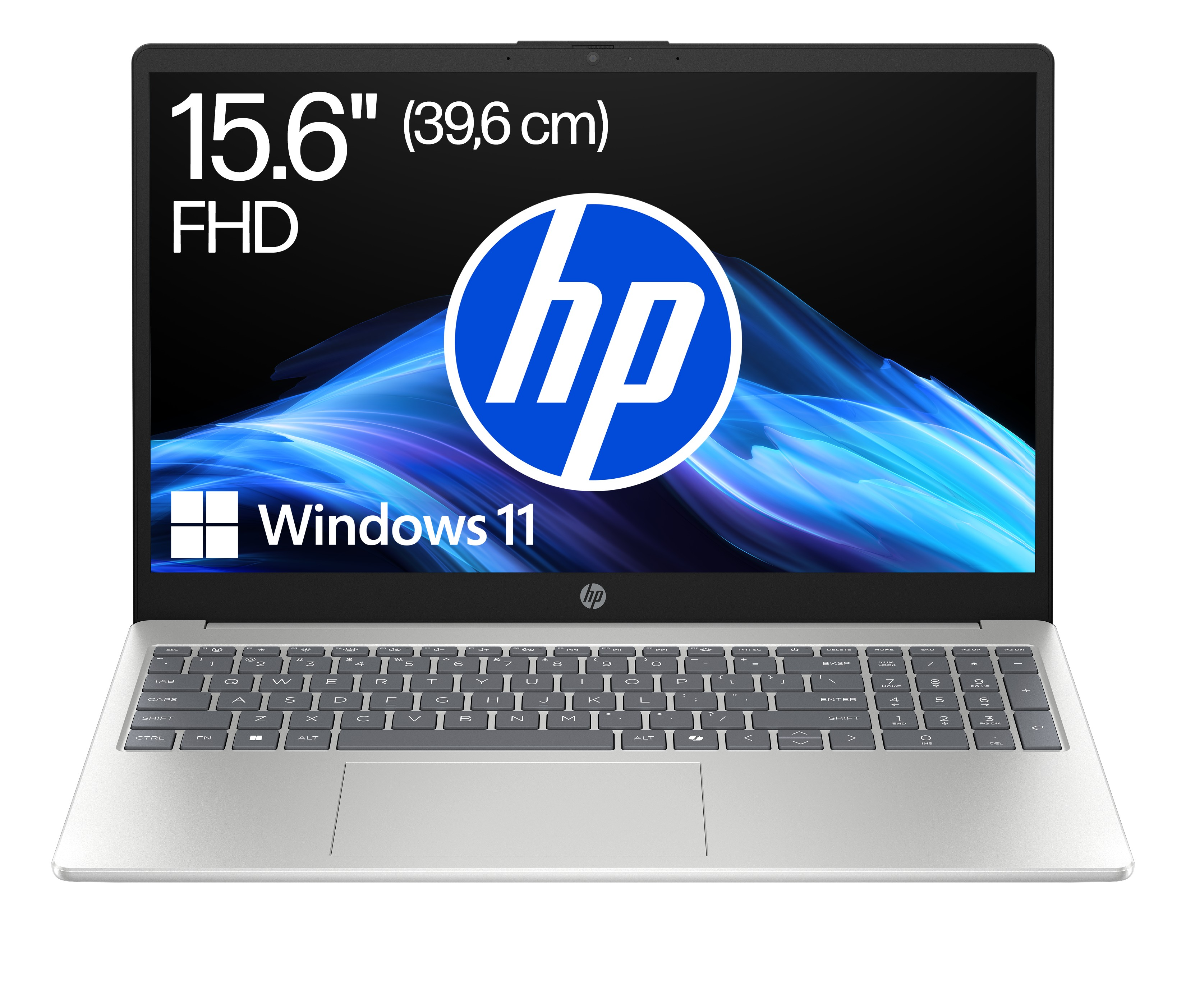 Srebrny laptop HP z ekranem FHD 15,6 cala i systemem Windows 11.