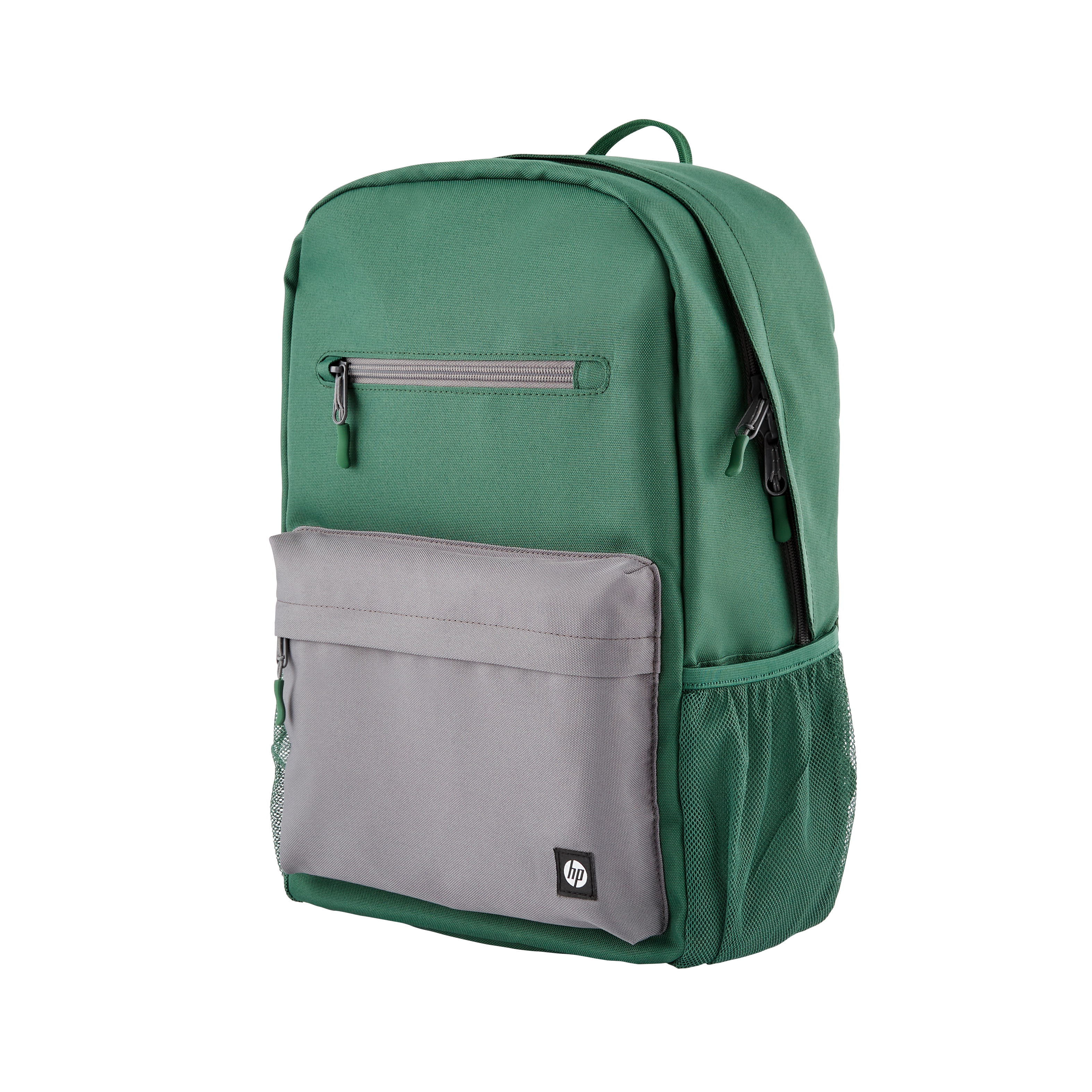 Uno zaino verde con tasca frontale grigia e logo HP.