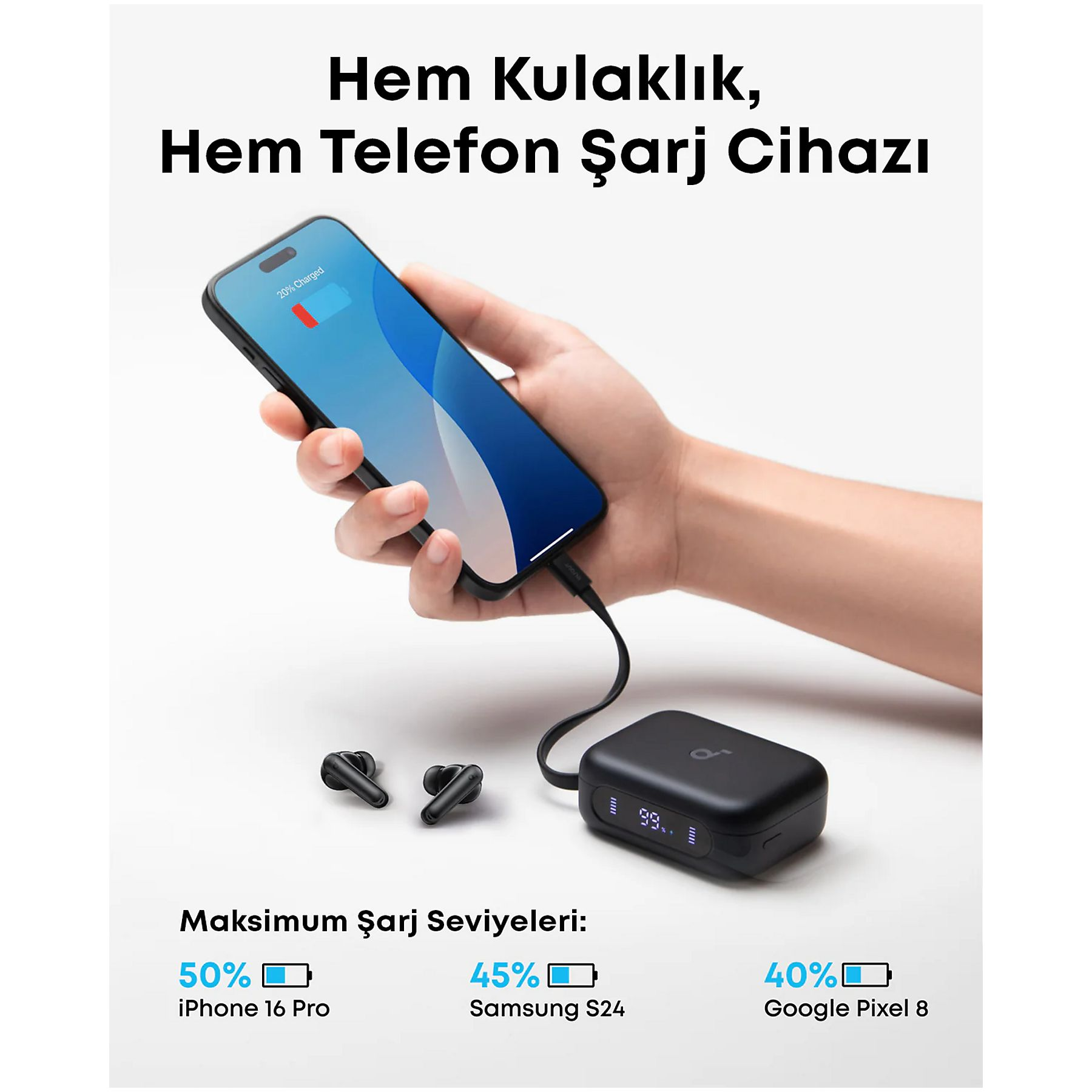 Telefon jest ładowany przez czarną ładowarkę z pobliskimi słuchawkami.