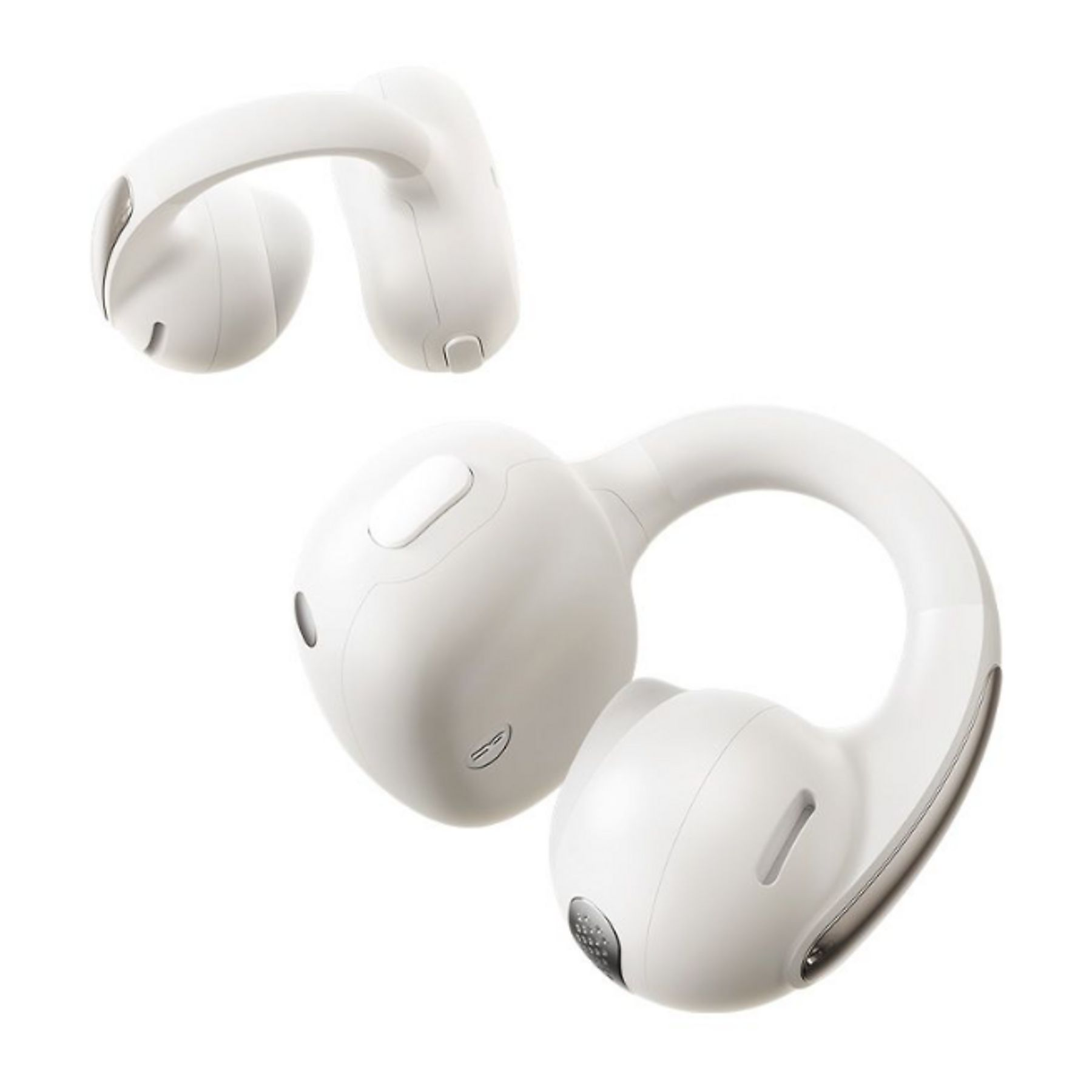 Due auricolari wireless bianchi su sfondo bianco.