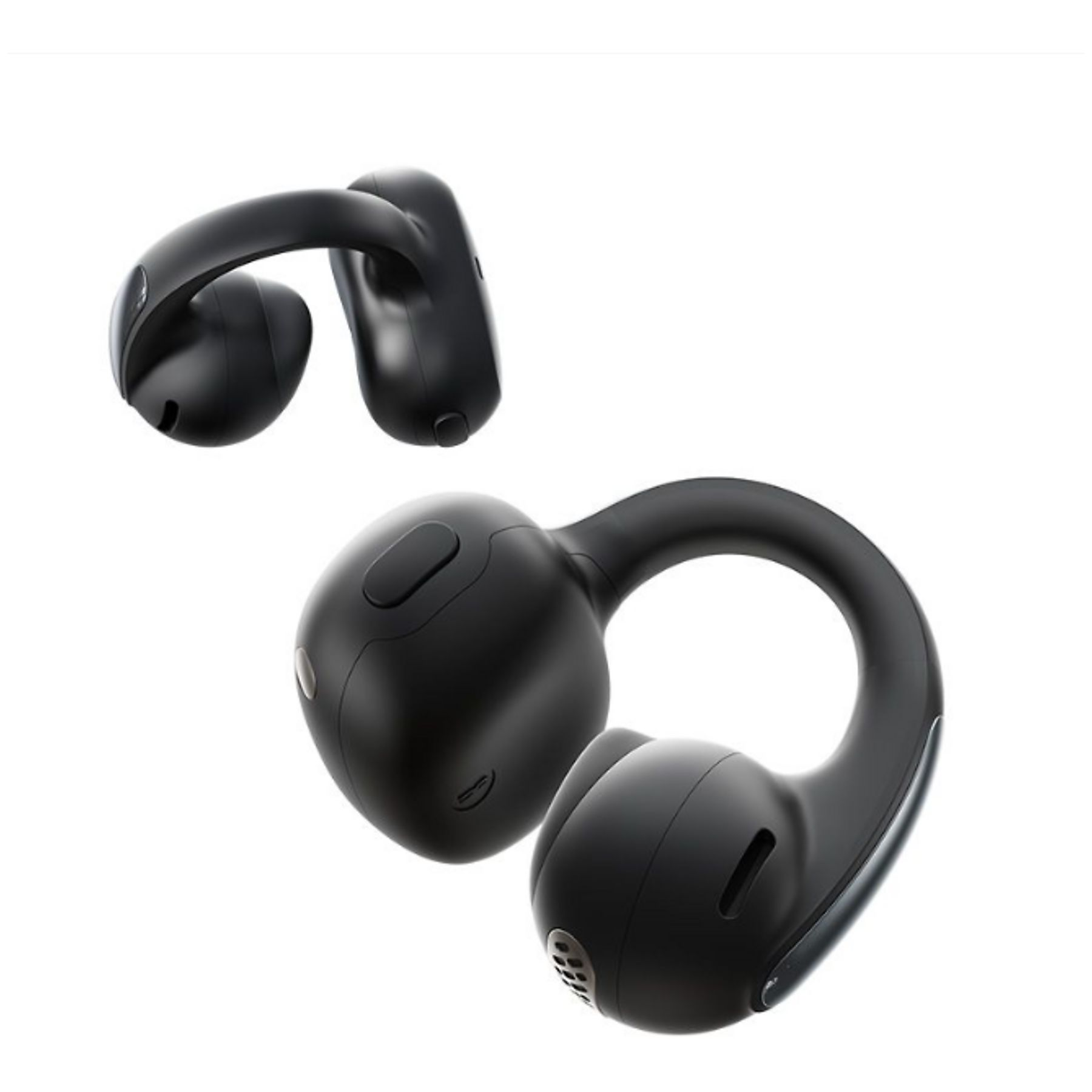 Dwa czarne słuchawki nauszne z zaczepem na białym tle.