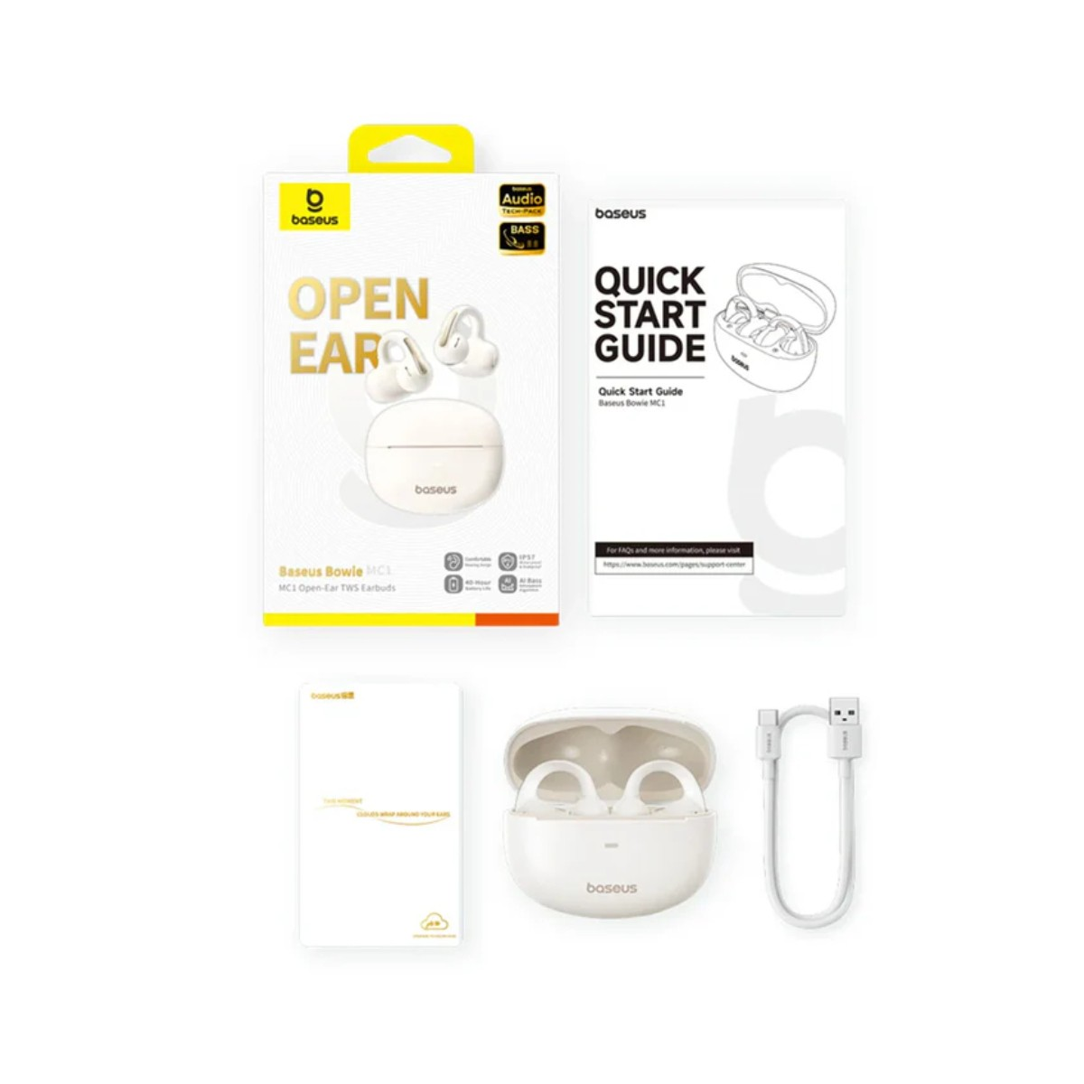 Auricolari TWS Baseus Bowie MC1 Open-Ear bianchi con custodia, cavo e manuali.