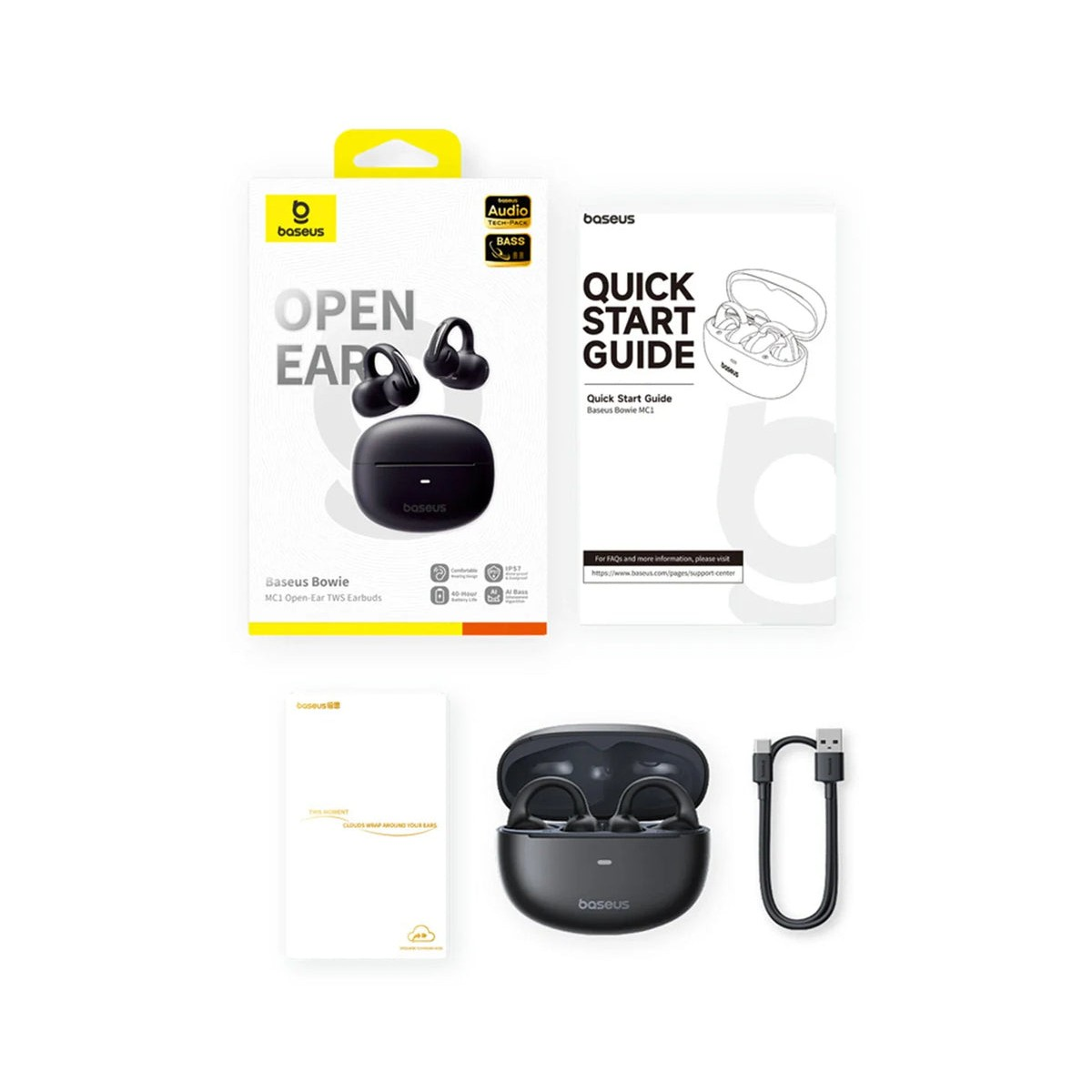 Słuchawki TWS Baseus Bowie MC1 typu open-ear z etui i kablem.