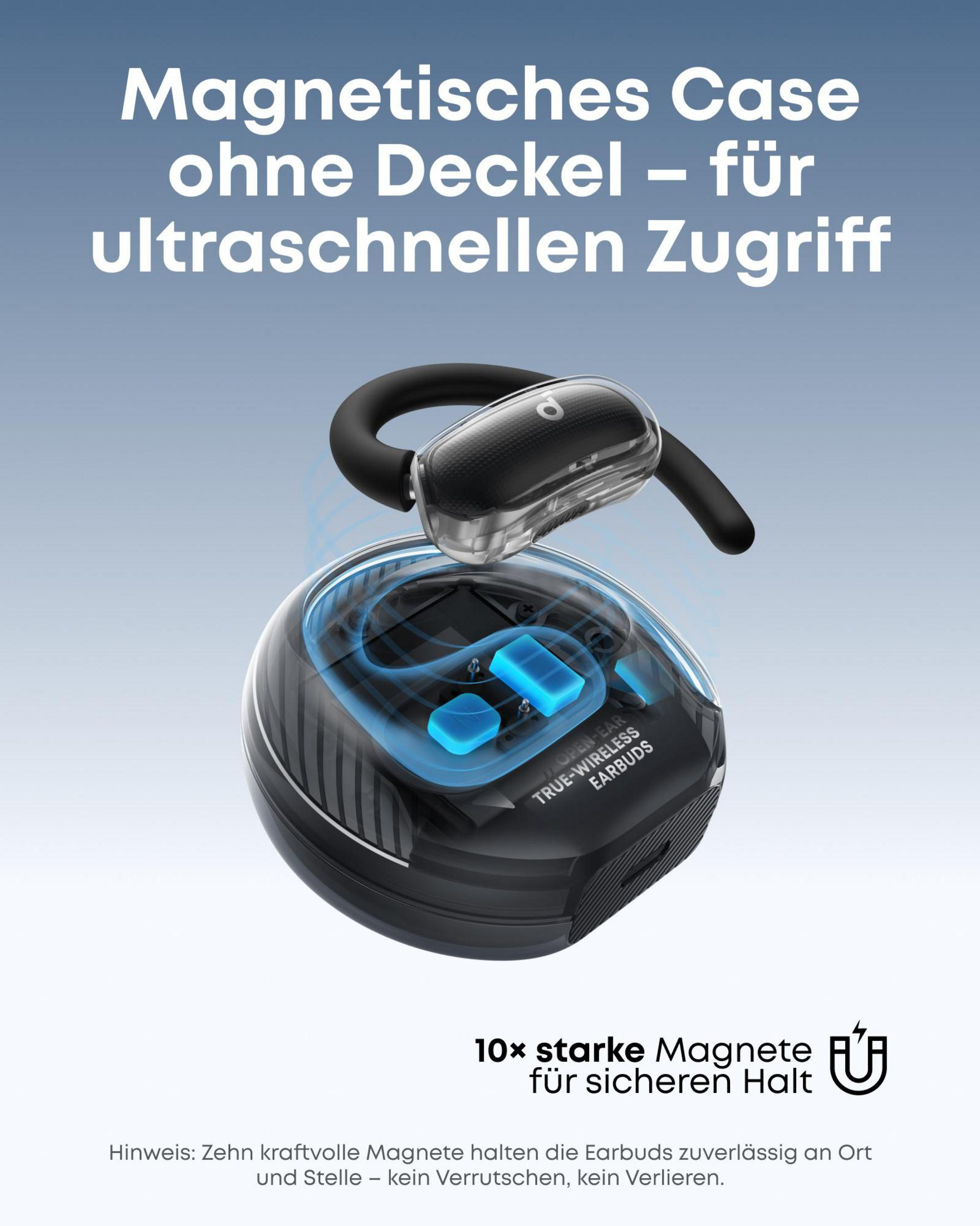 Una custodia di ricarica magnetica nera per auricolari true wireless senza coperchio.