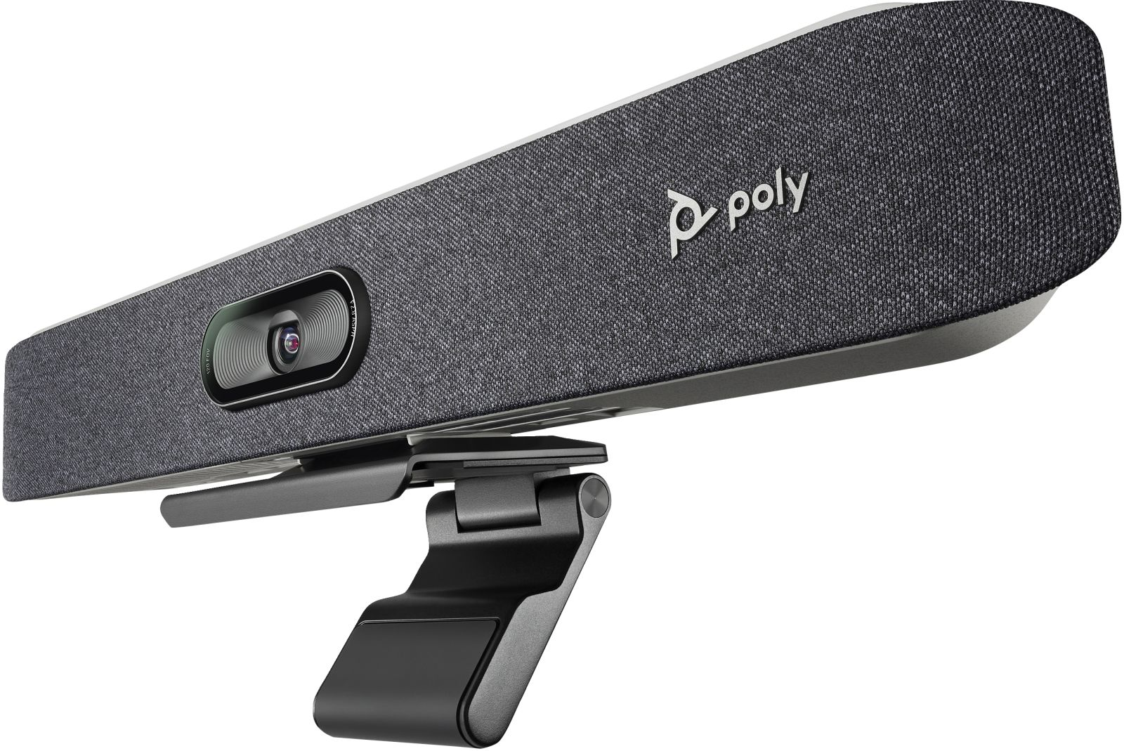 Altoparlante Poly grigio per videoconferenza con telecamera e supporto.