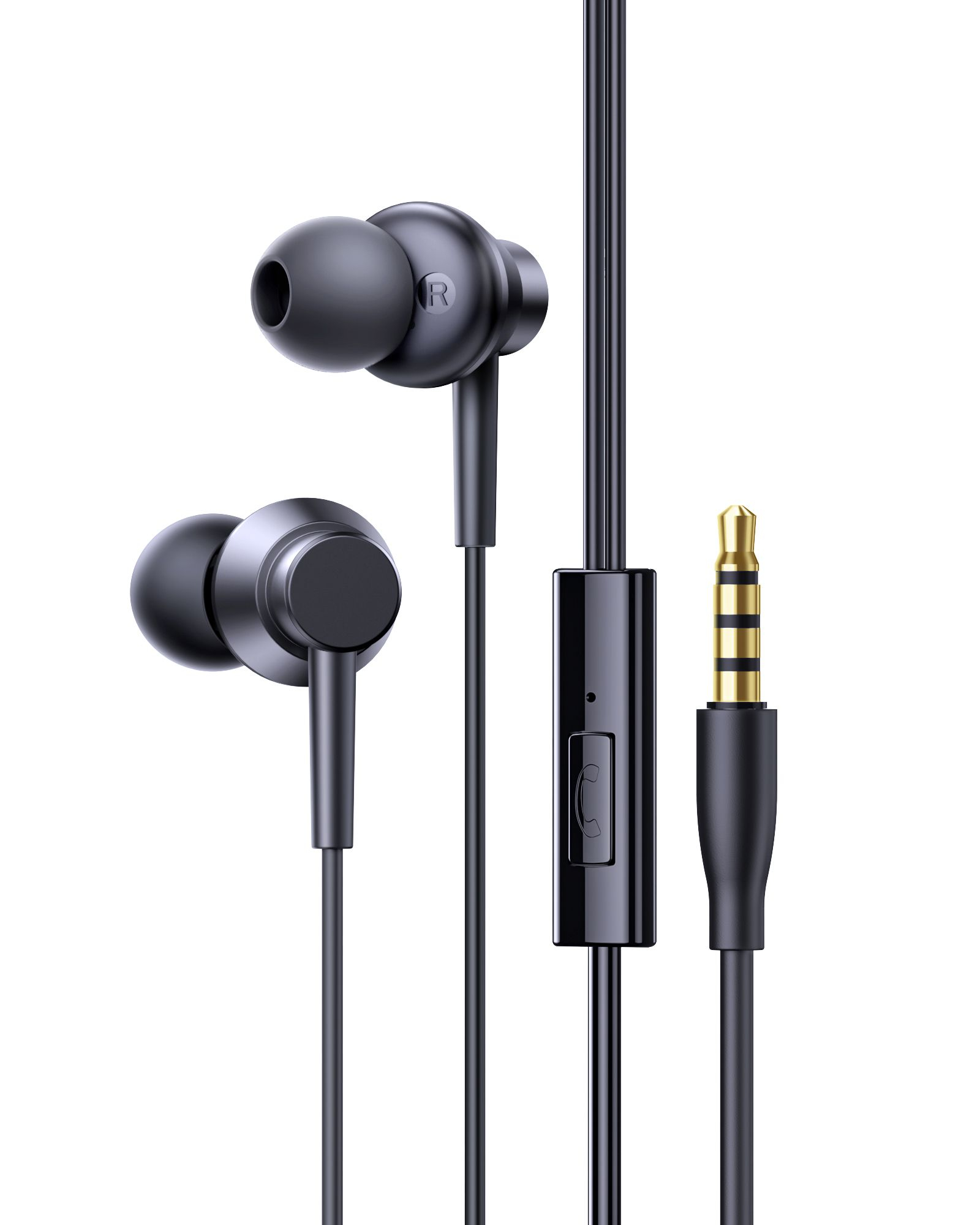 Zwarte in-ear oordopjes met microfoon en 3,5 mm jackplug.