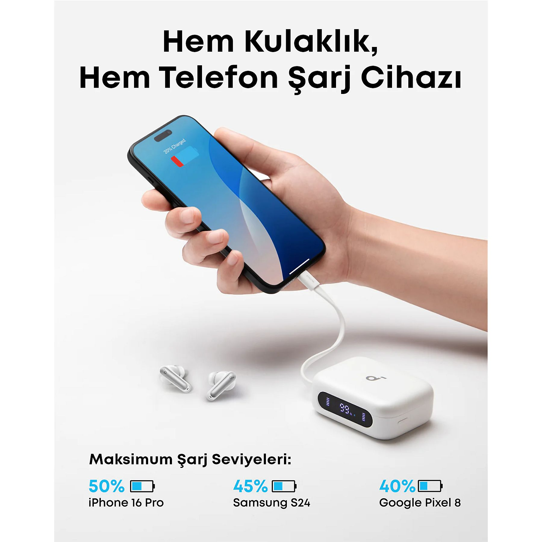 Ein weißes Ladegerät lädt ein Smartphone. Daneben liegen Ohrhörer.
