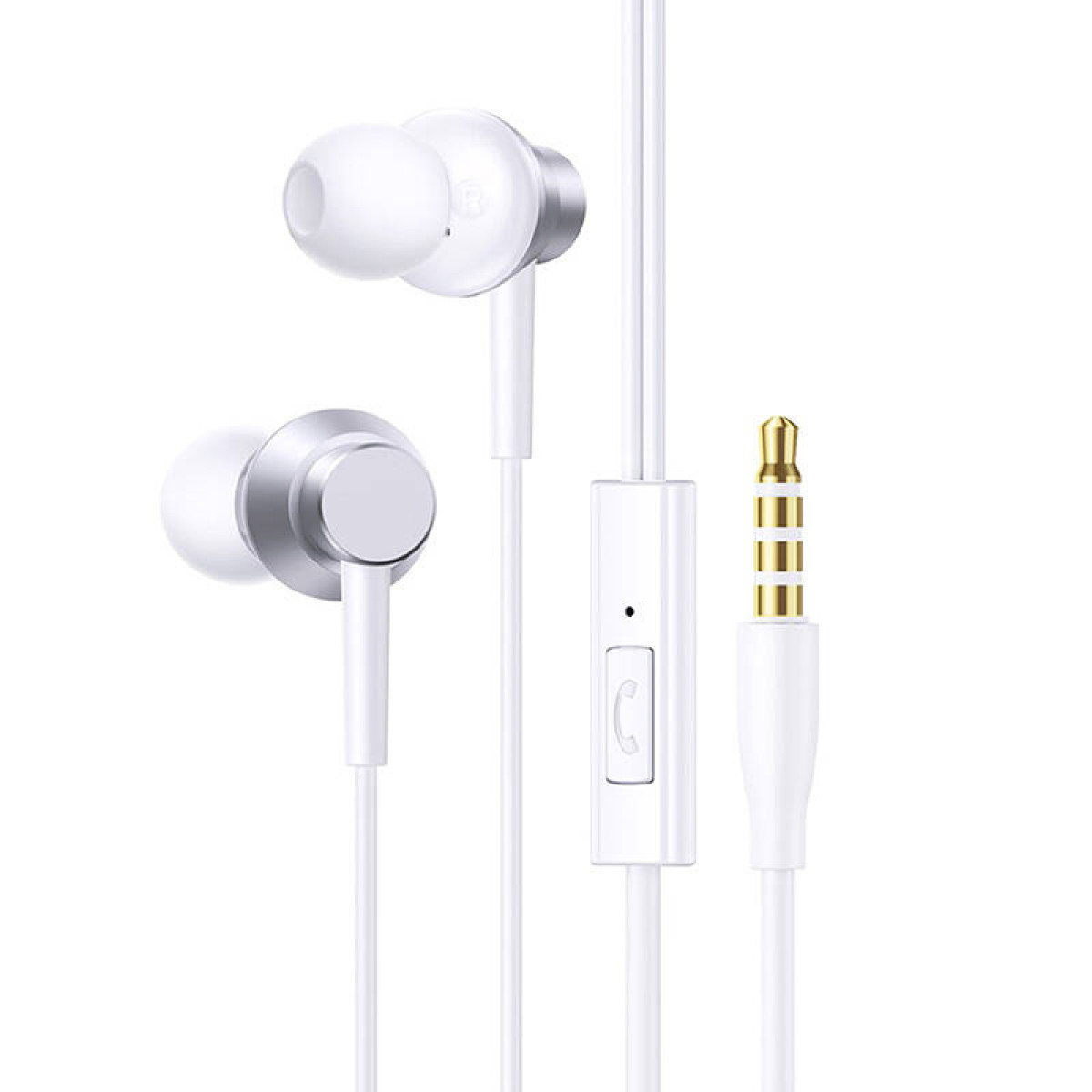 Witte in-ear oordopjes met zilveren accenten en 3,5 mm jackplug.