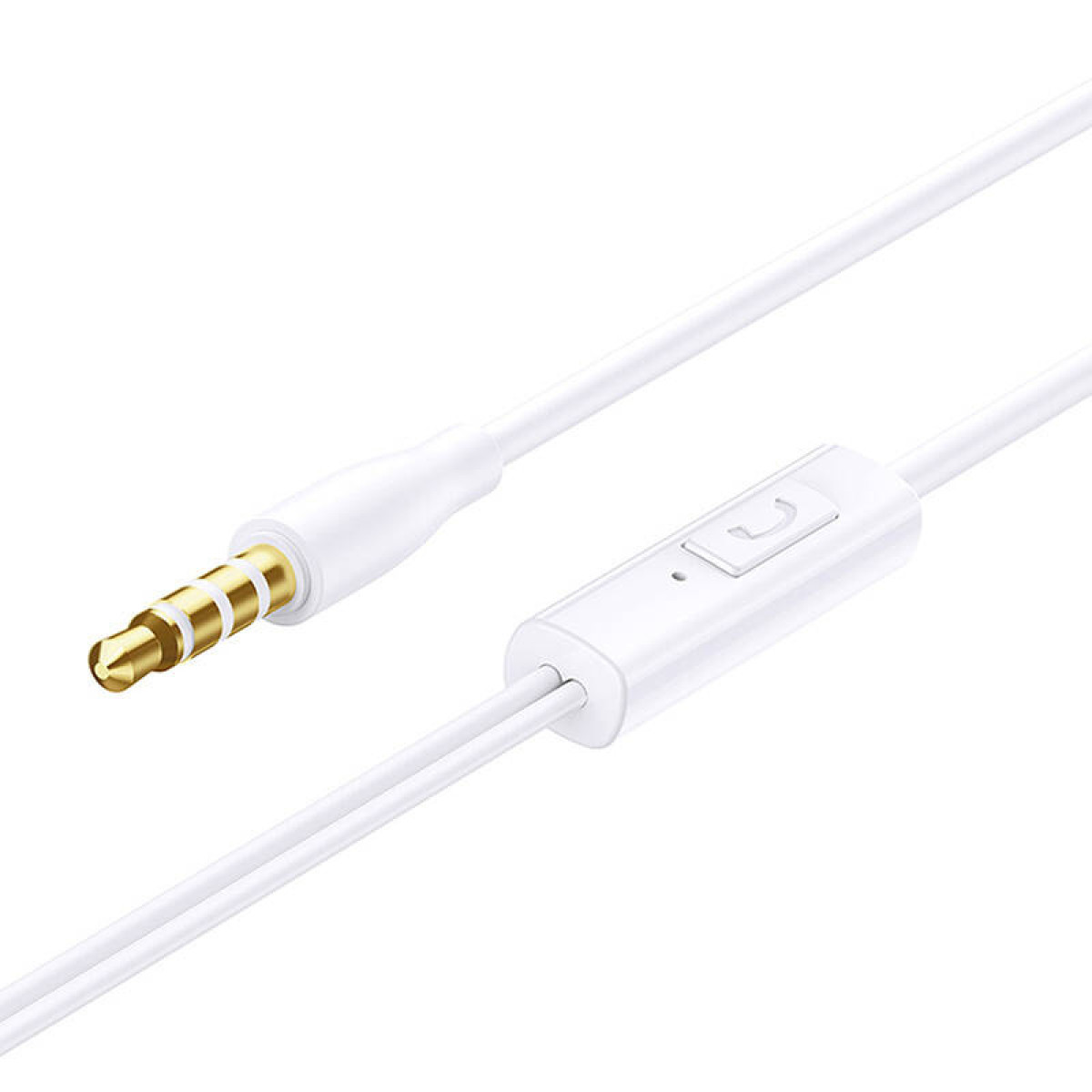 Witte kabel met 3,5 mm jackplug en inline microfoon/volumeknop.