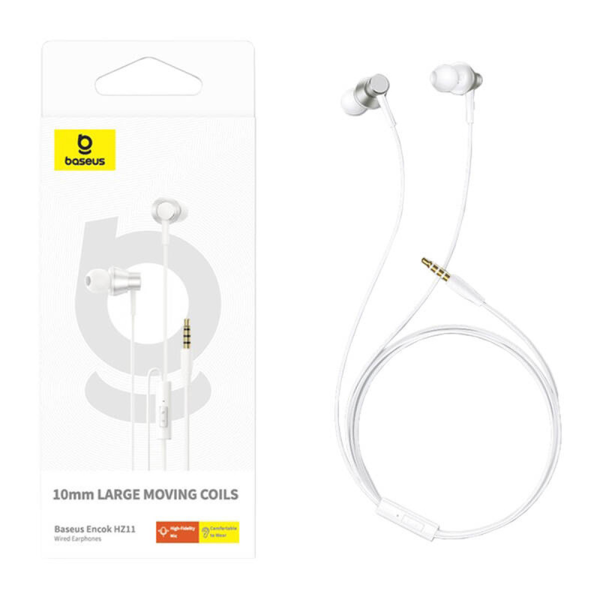 Witte Baseus bedrade in-ear oordopjes met 3,5 mm jack op witte achtergrond.