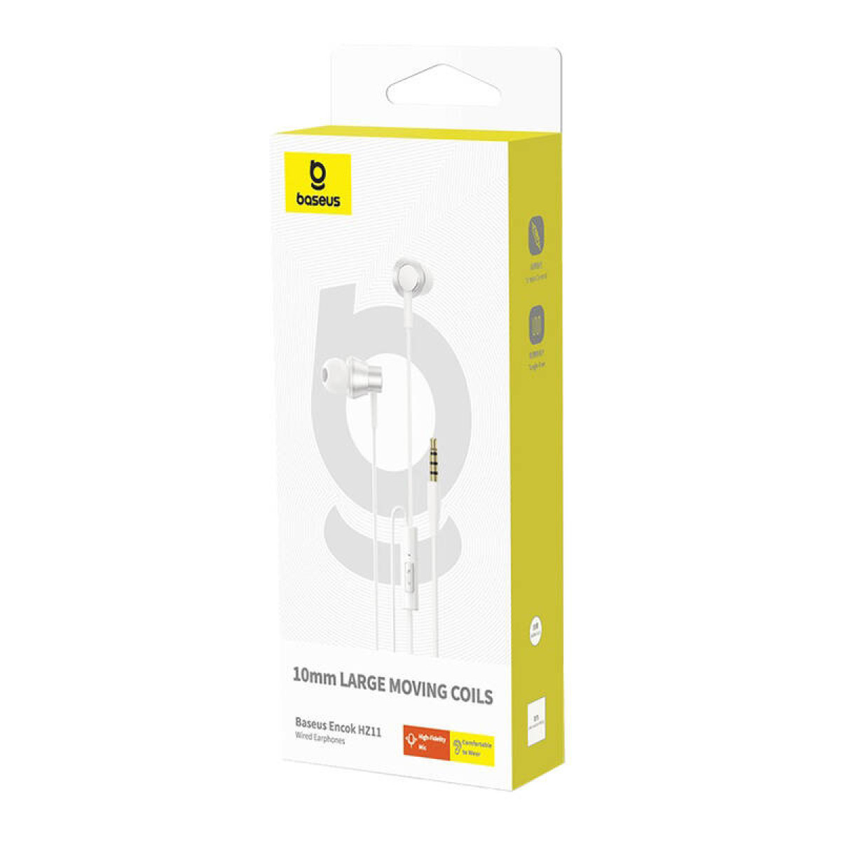 Witte Baseus Encok HZ11 oordopjes met snoer in een geel-witte doos met productdetails.