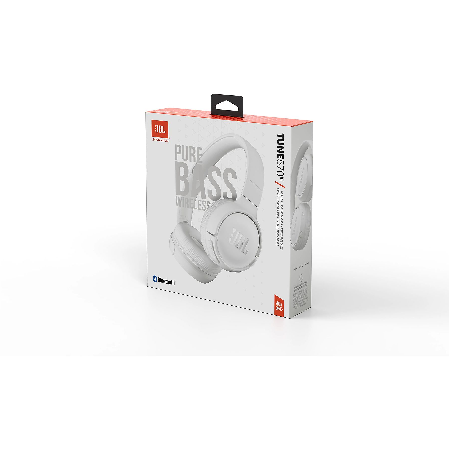 Beyaz JBL Tune 570BT kulaklık, Bluetooth logosu ve 40 saat pil ömrü ile kutusunda.