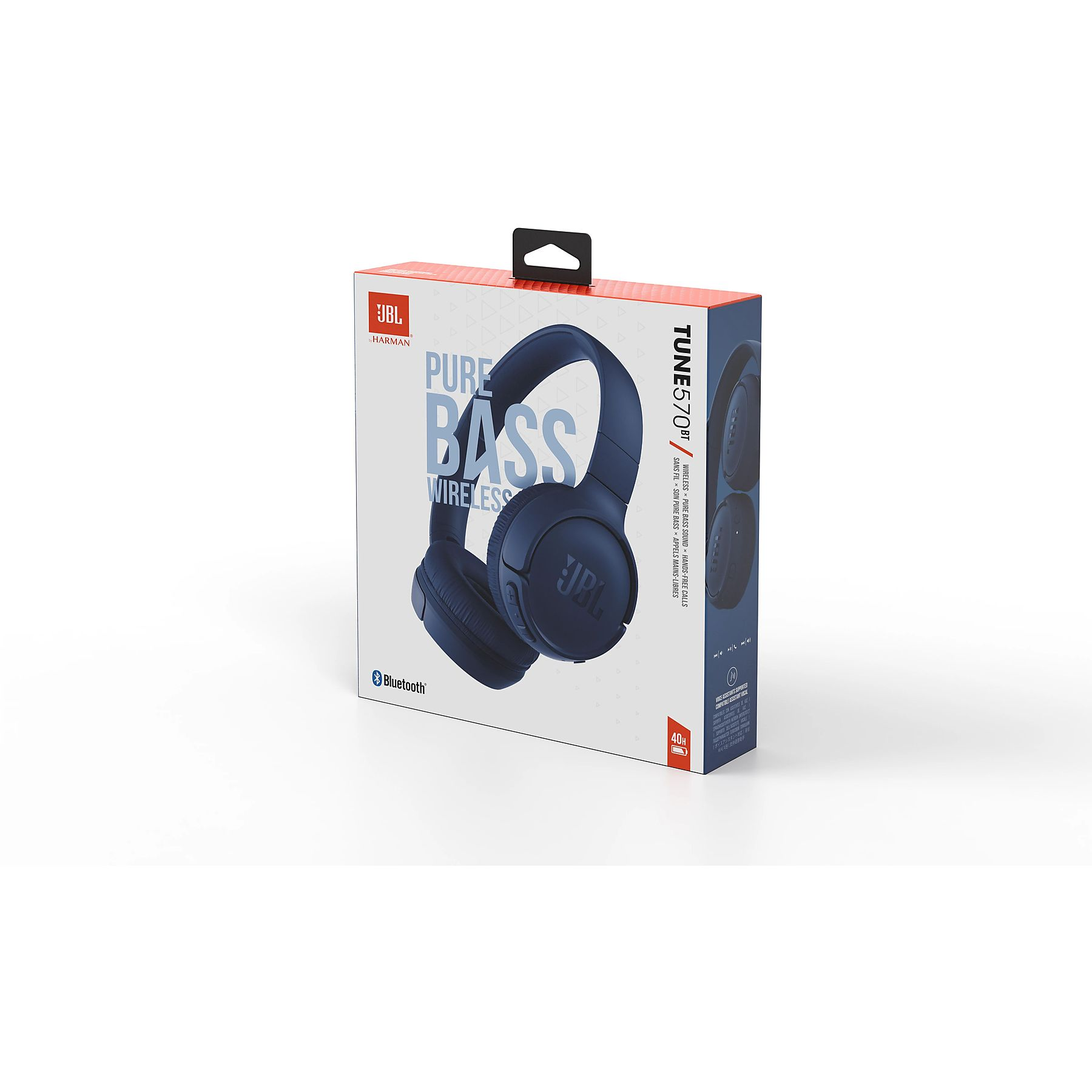 Koyu mavi JBL Tune 570BT kulaklık beyaz kutu üzerinde.